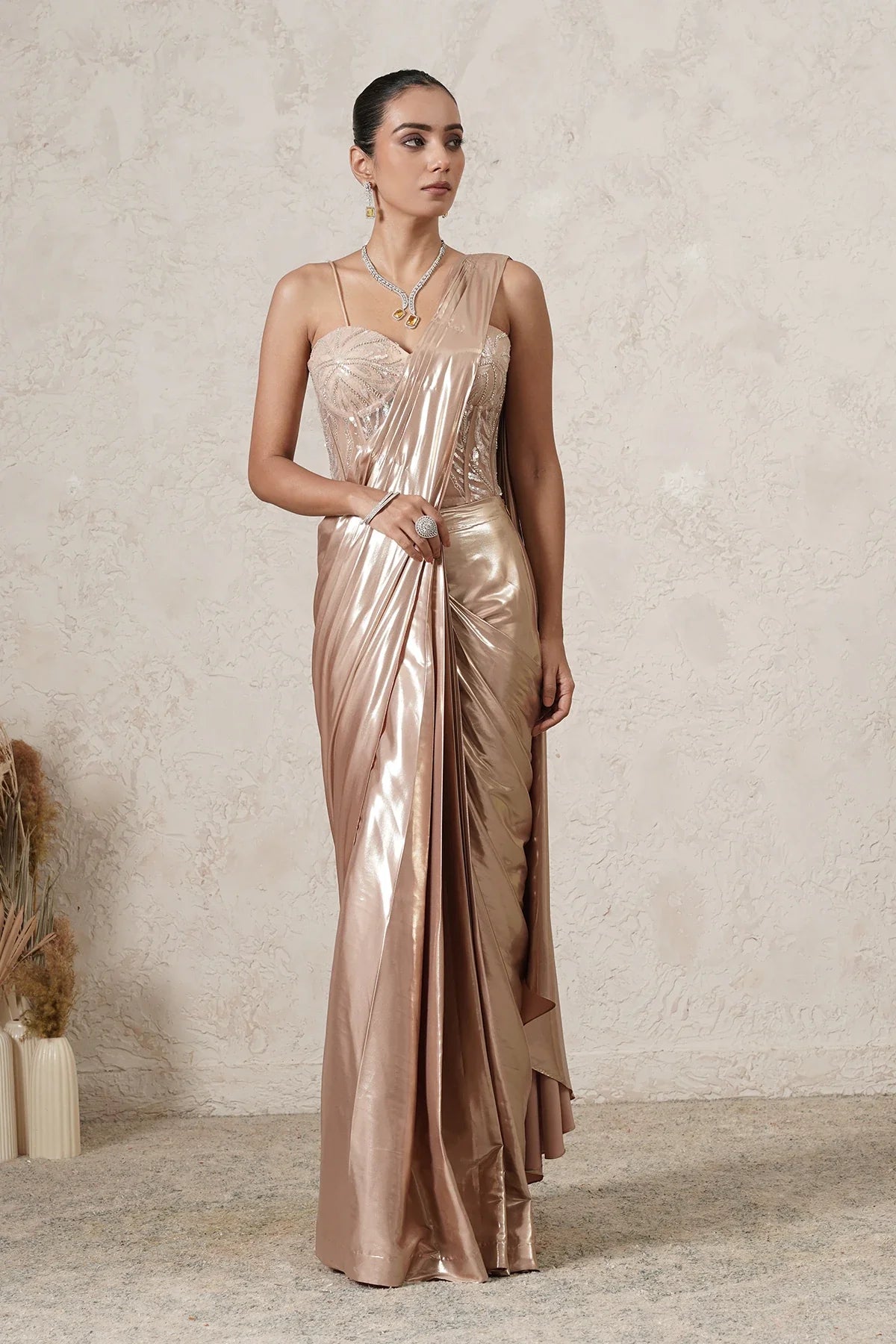 Sunehri Pre-Draped Saree with Hand-Embroidered Corset Blouse | Beige Gold | Women | THETAA