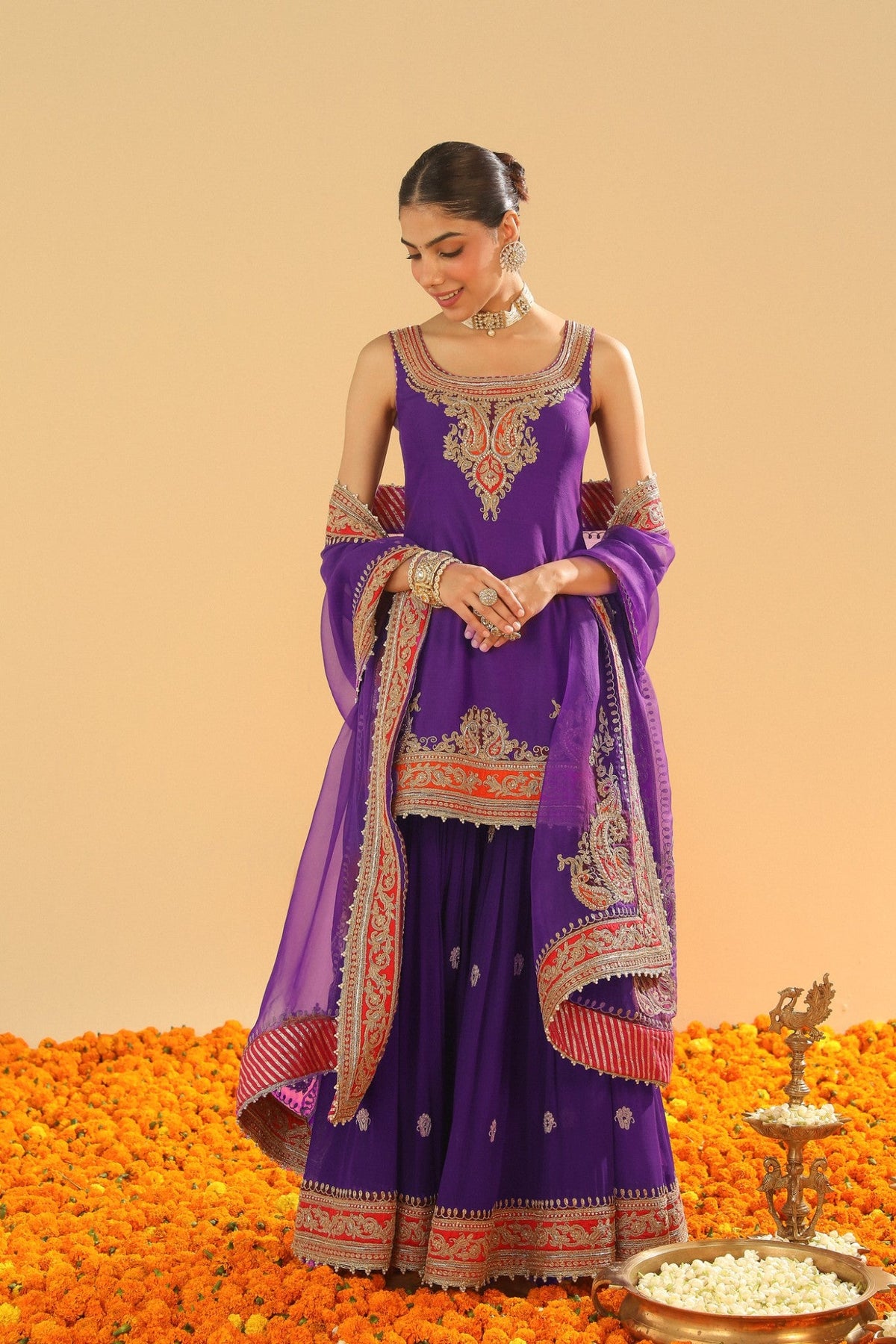 Maziyah - Deep Purple Short Kurta with Garara and Dupatta