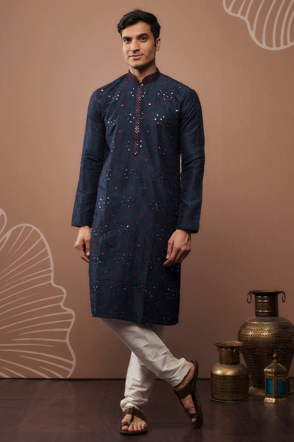 Dark blue silk kurta & pajama with hand and machine work