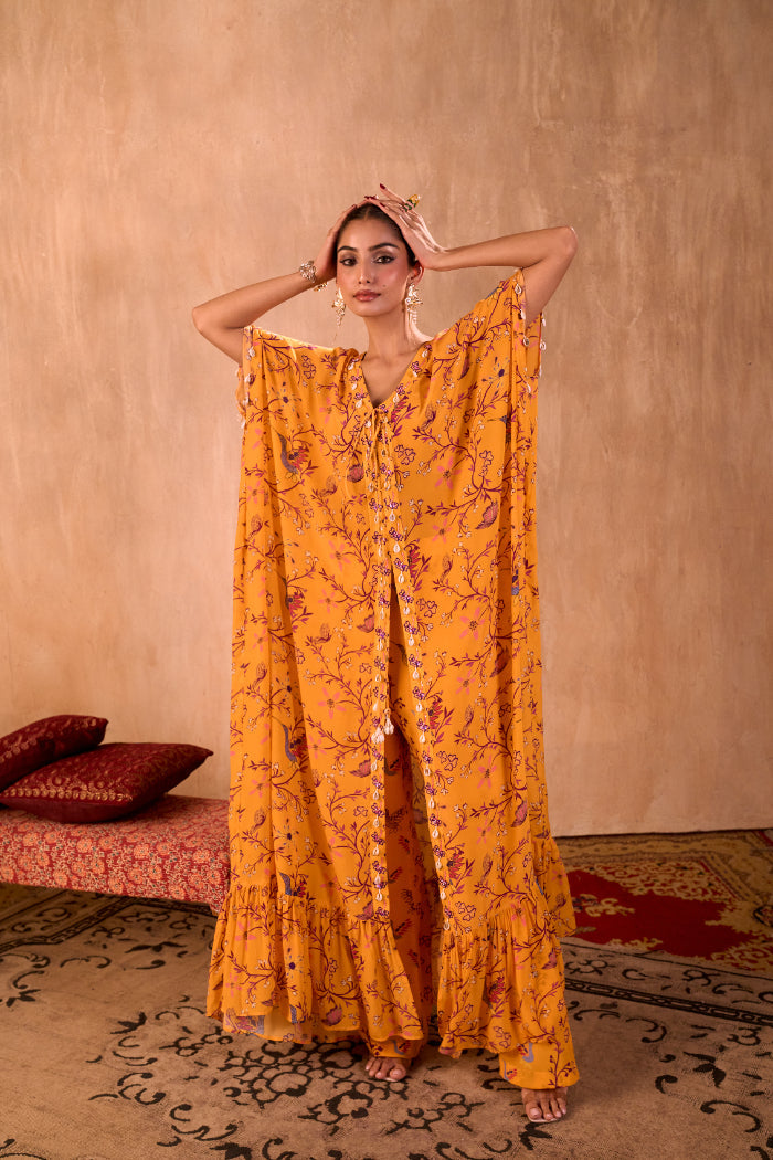 YELLOW PRINT EMBROIDERED LONG KAFTAN WITH PANTS SET - image 1