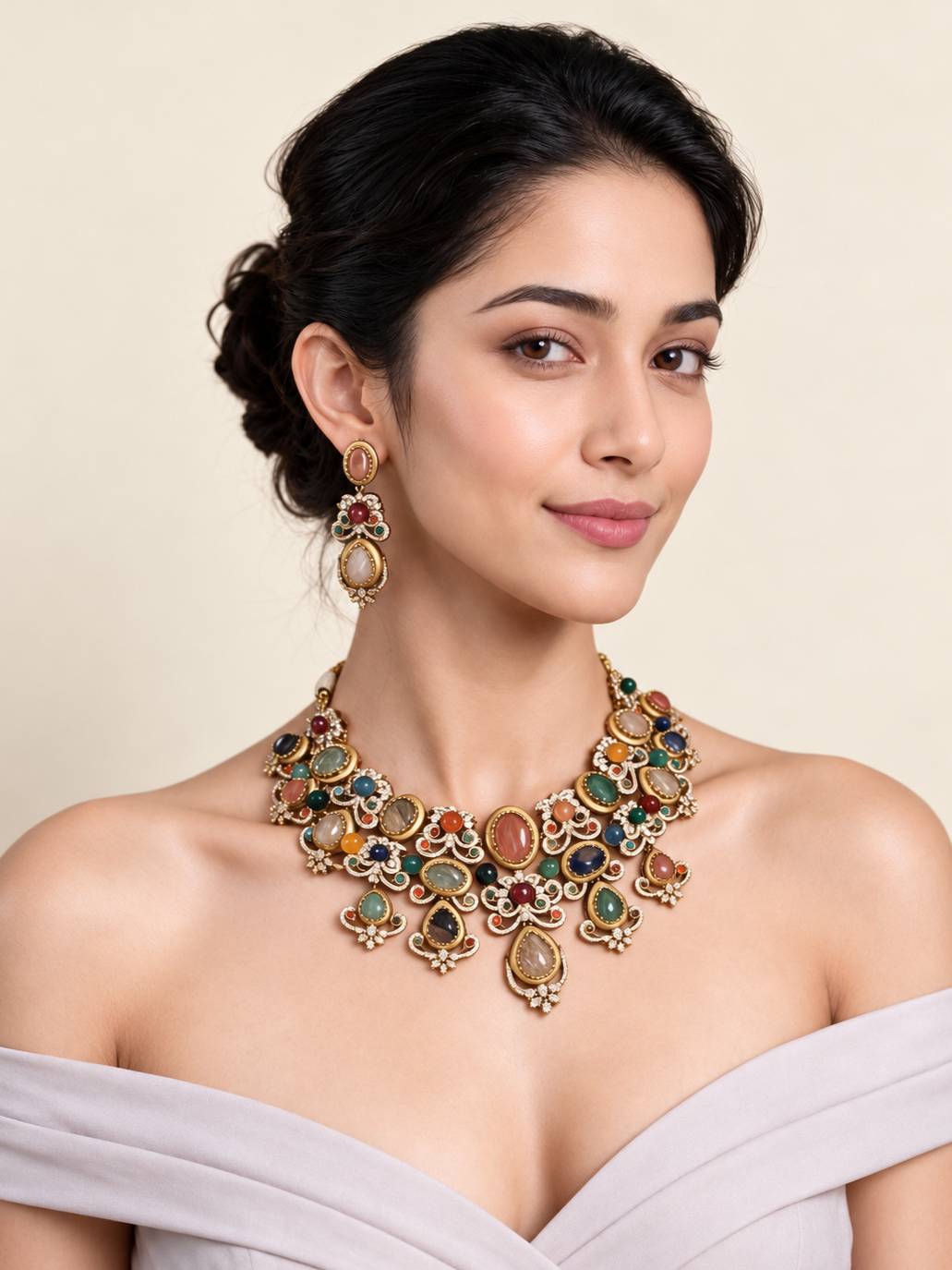Multicolor Cabochon Floral Necklace Set