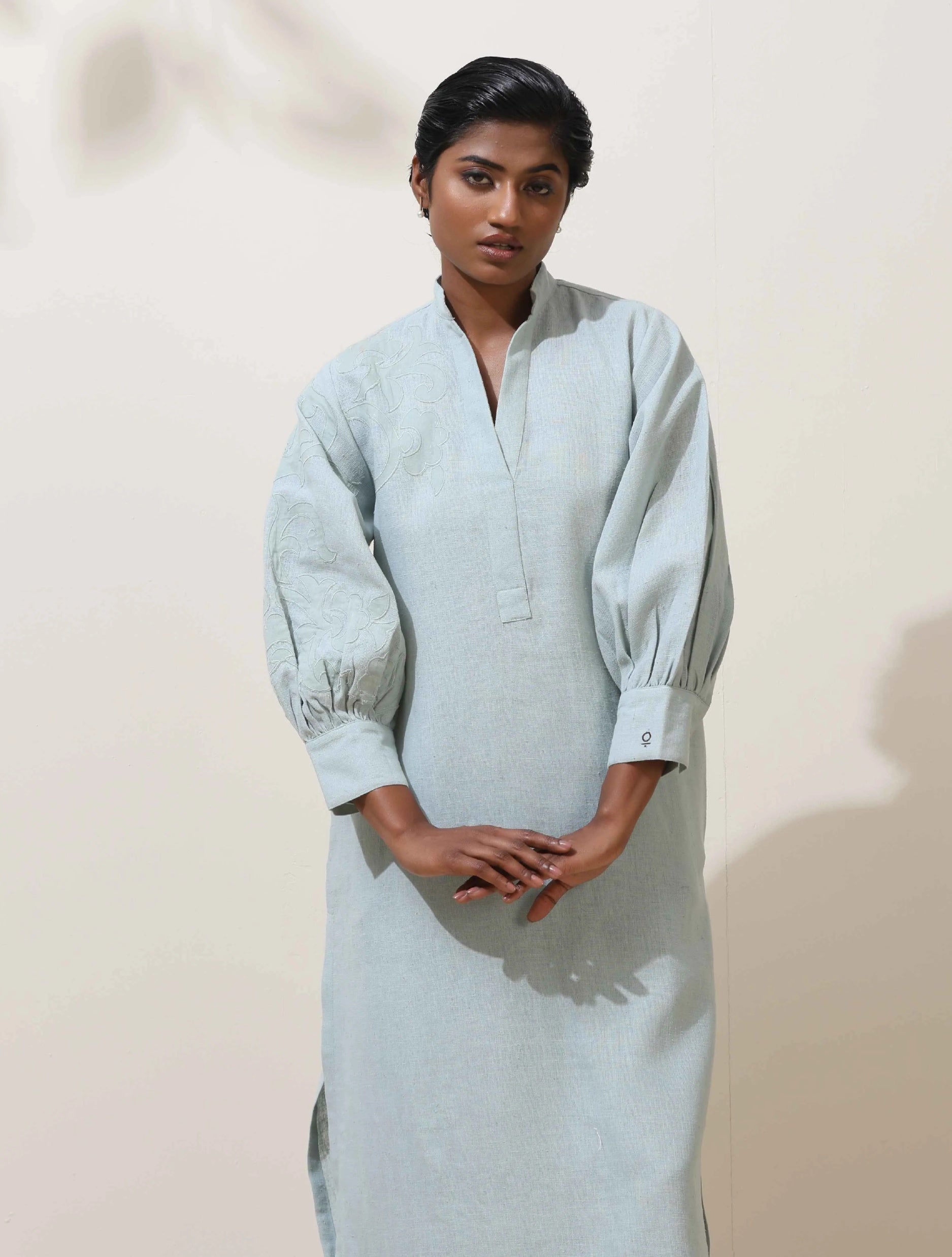 trueBrowns Nilah Blue Embroidered tural Cotton Kurta Pant Set