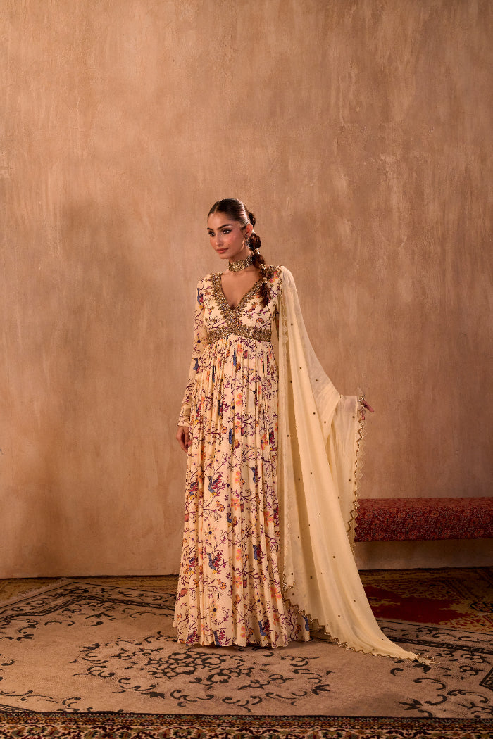 IVORY PRINT EMBROIDERED ANARKALI AND DUPATTA SET - image 1