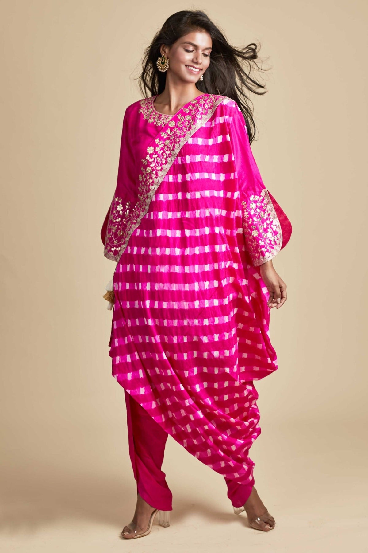 silk top,harroms and mothra drape dupatta with gota work