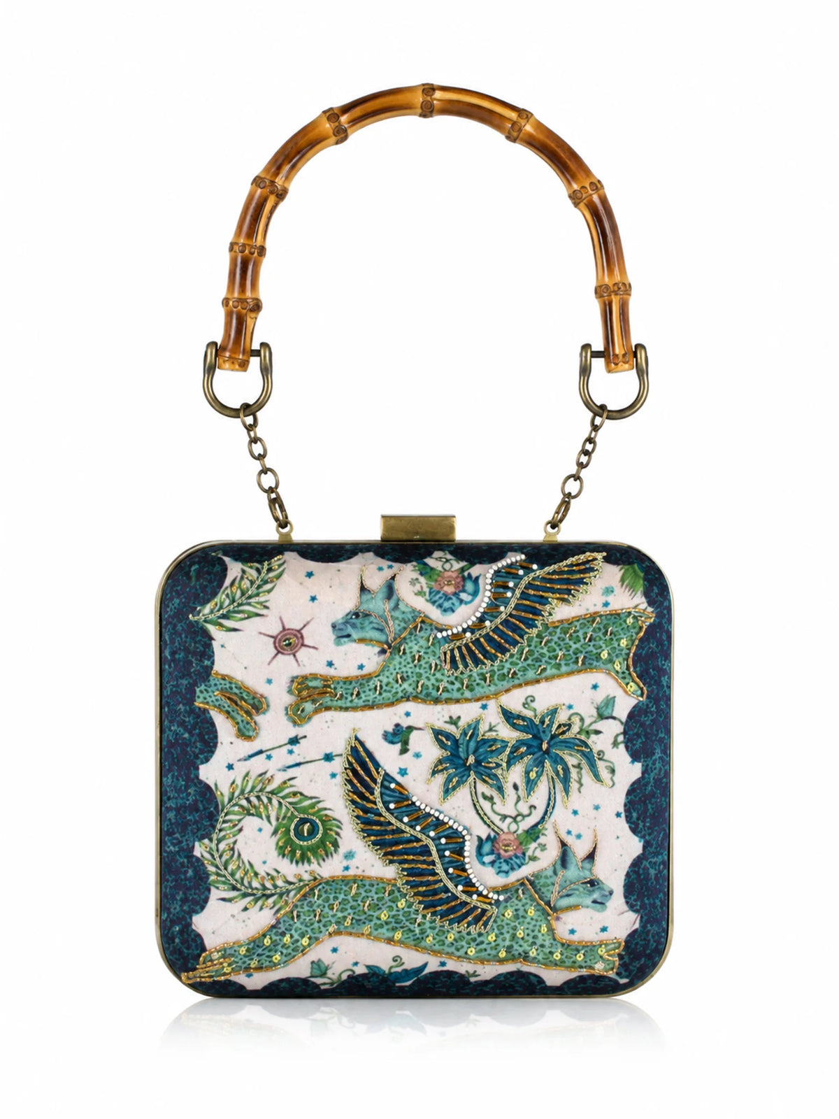 Mythical Bird Print Clutch Bag with Embroidery & Bamboo Handle