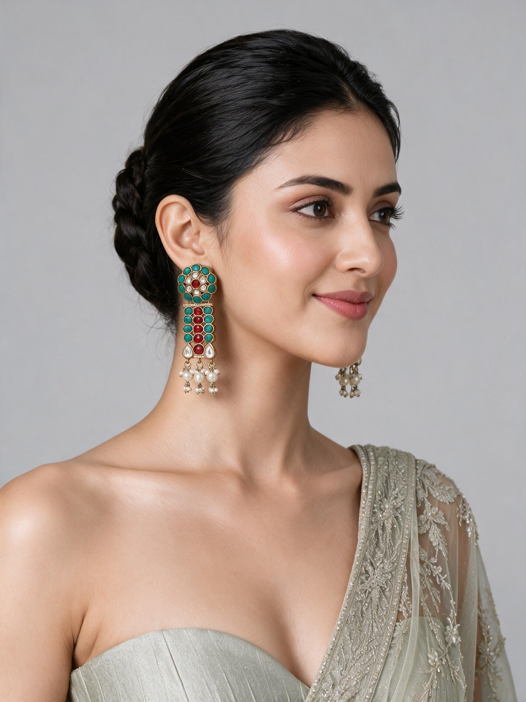 Turquoise Red Stone Gold-Tone Drop Earrings