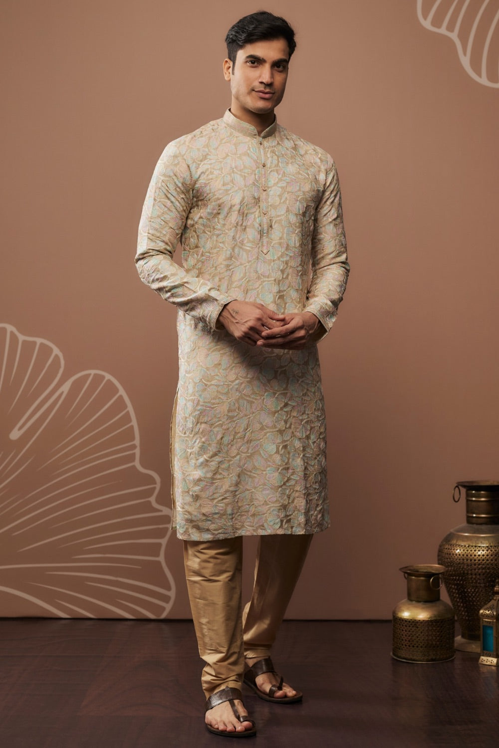 Beige silk kurta set with hand and machine work