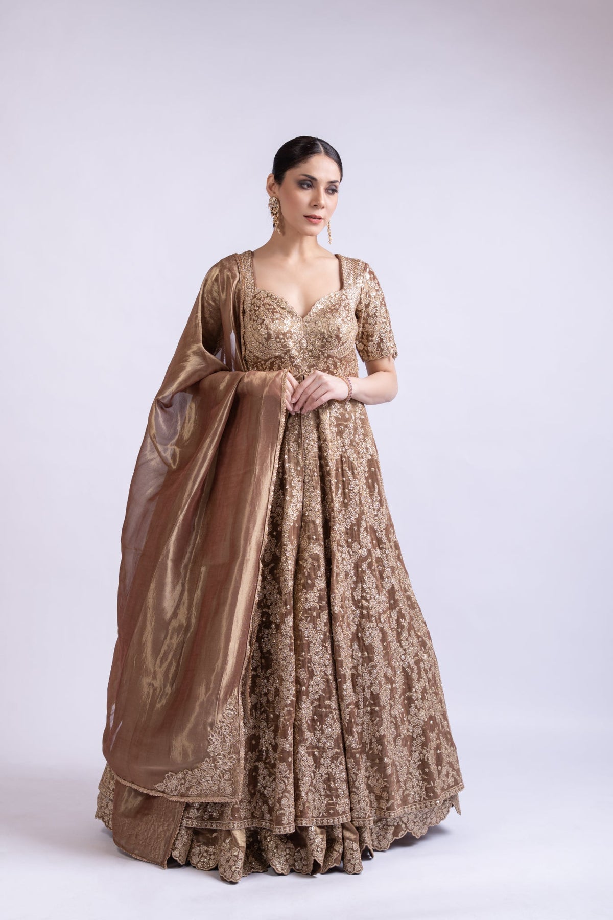Regal Gold Embroidered Lehenga Set with Cape & Dupatta
