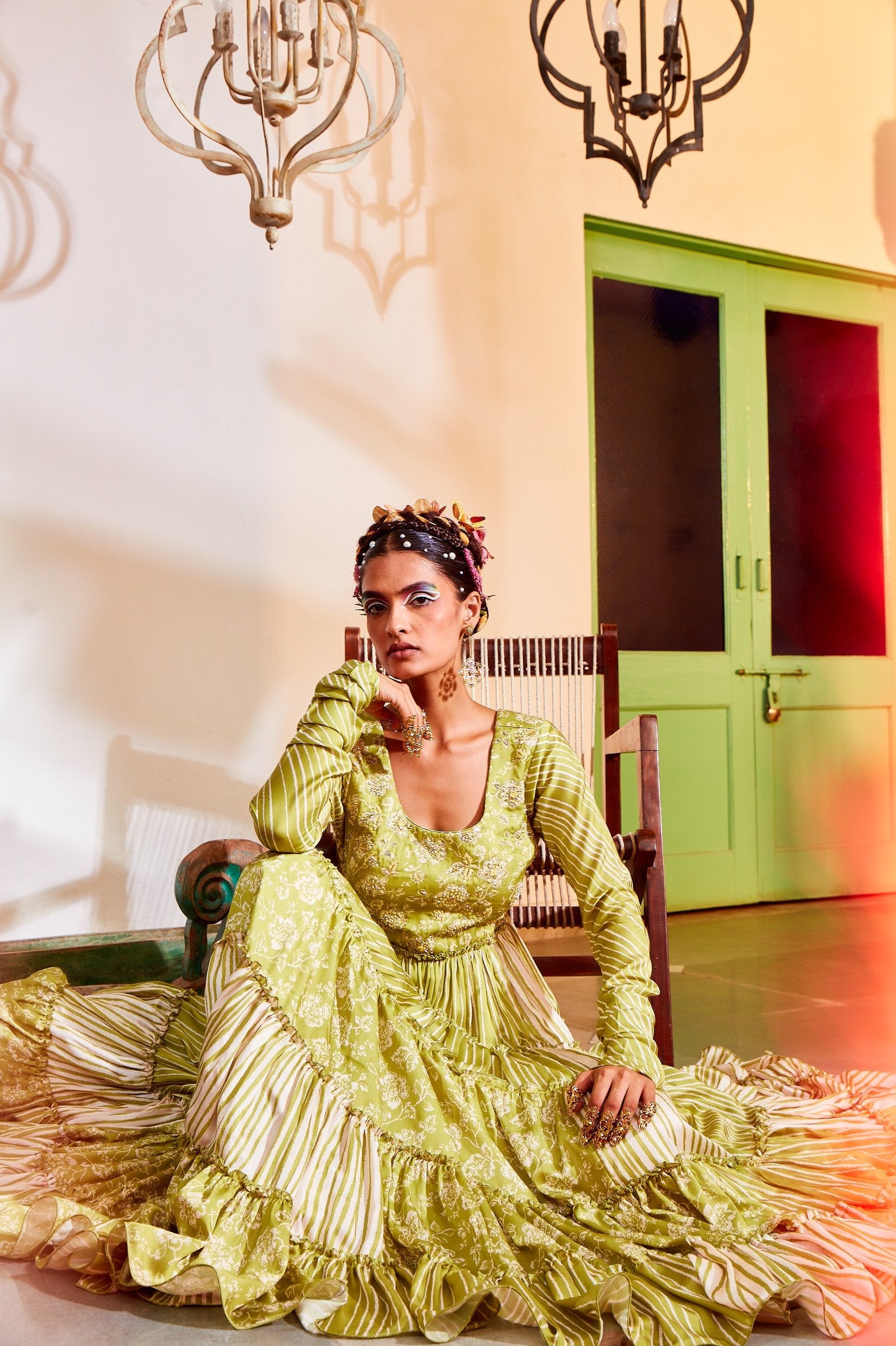 Olive Green Teired Anarkali.