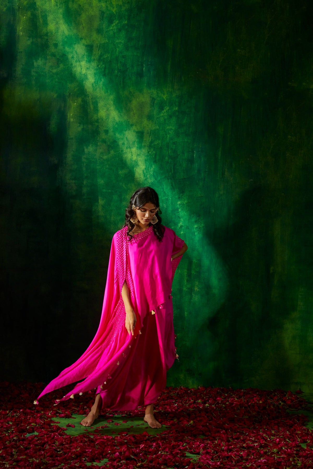 Bandhni asymmetrical cape with drape skirt