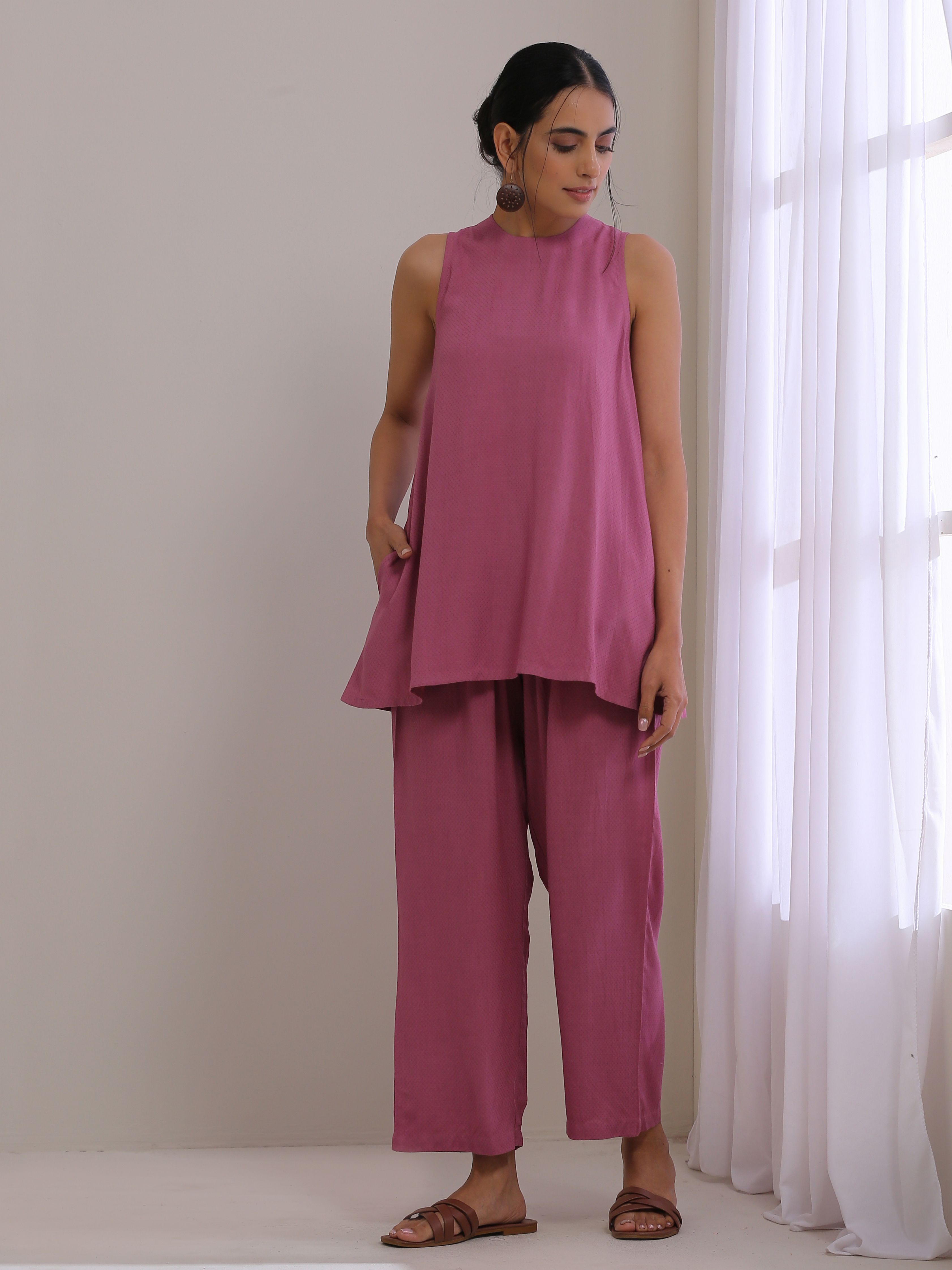Onion Pink Dobby Sleeveless Short Co-Ord Set