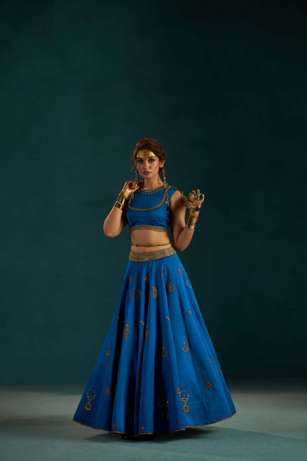 Rama Blue Linen Satin Lehenga set with Hand-Embellished embroidery