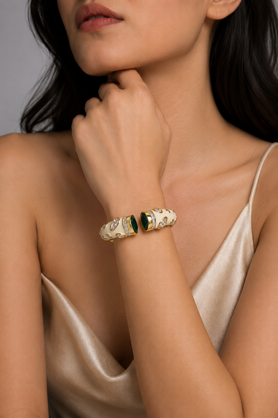 White Enamel Green Stone Open Cuff Statement Bangle