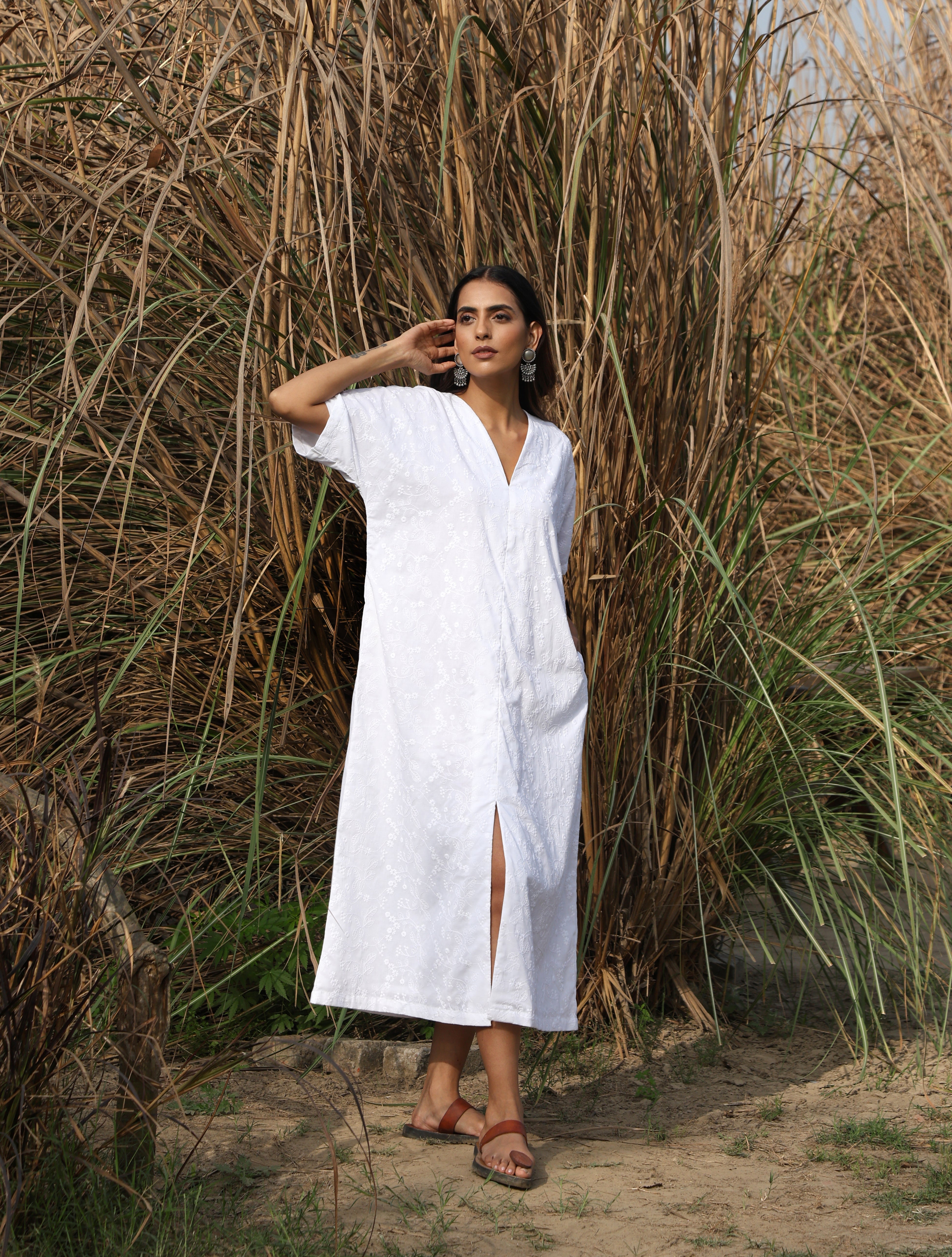 trueBrowns White Cotton Embroidered Front Slit Dress