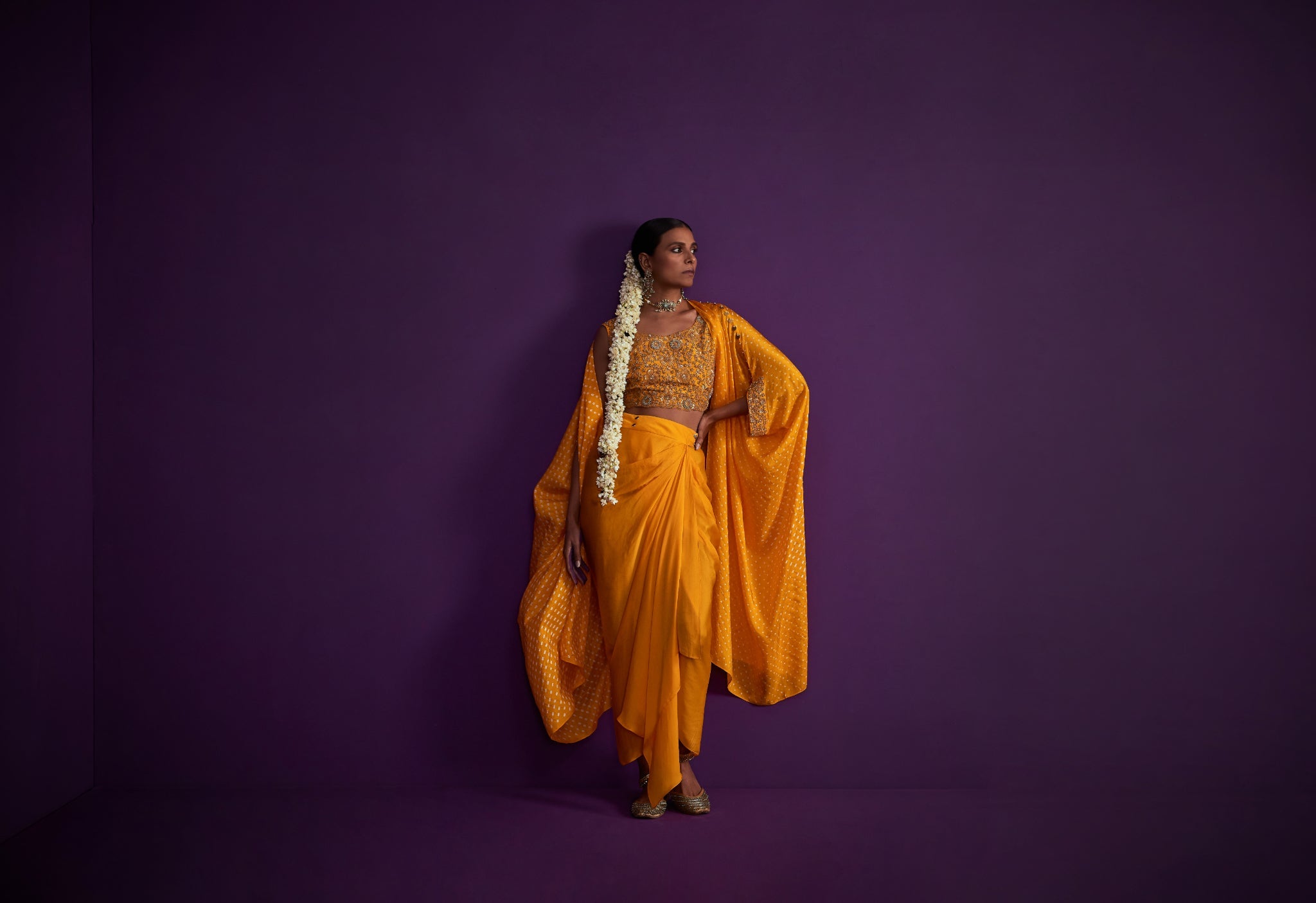 Bandhani Cape Set With Heavily Embroidered Crop Top