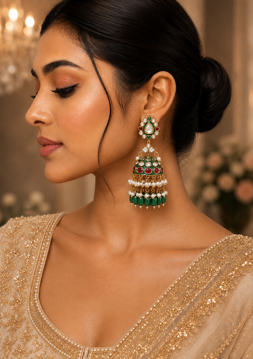 Meenakari Polki Jhumka Earring with Emerald Drops