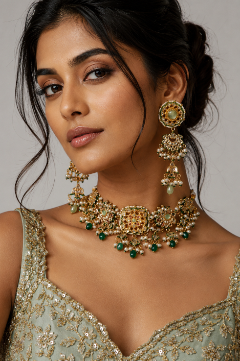 Navratna Jaipuri Kundan Choker Set with Statement earring