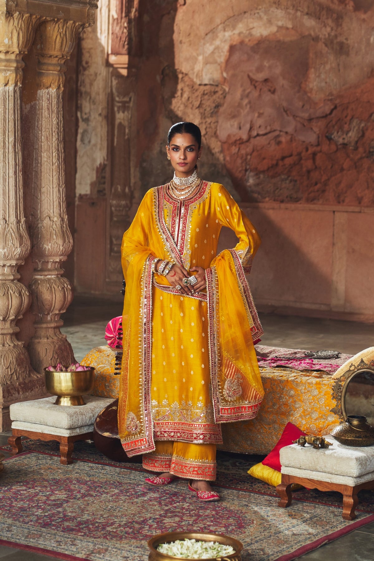 Mustard Long Kurta Set with Palazzo & Silk Organza Dupatta