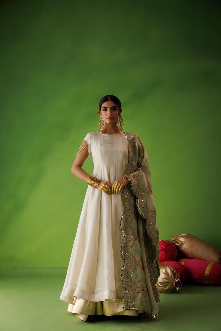 Beige tissue anarkali with pastel olive dupatta