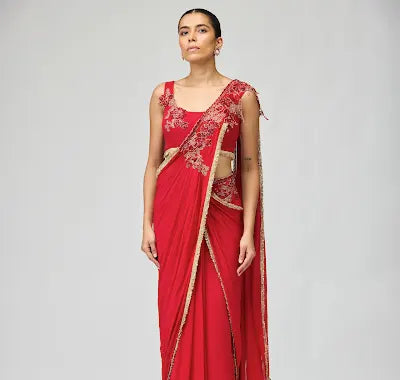 Elegant Red Silk Georgette Saree Set with Intricate Embroidery
