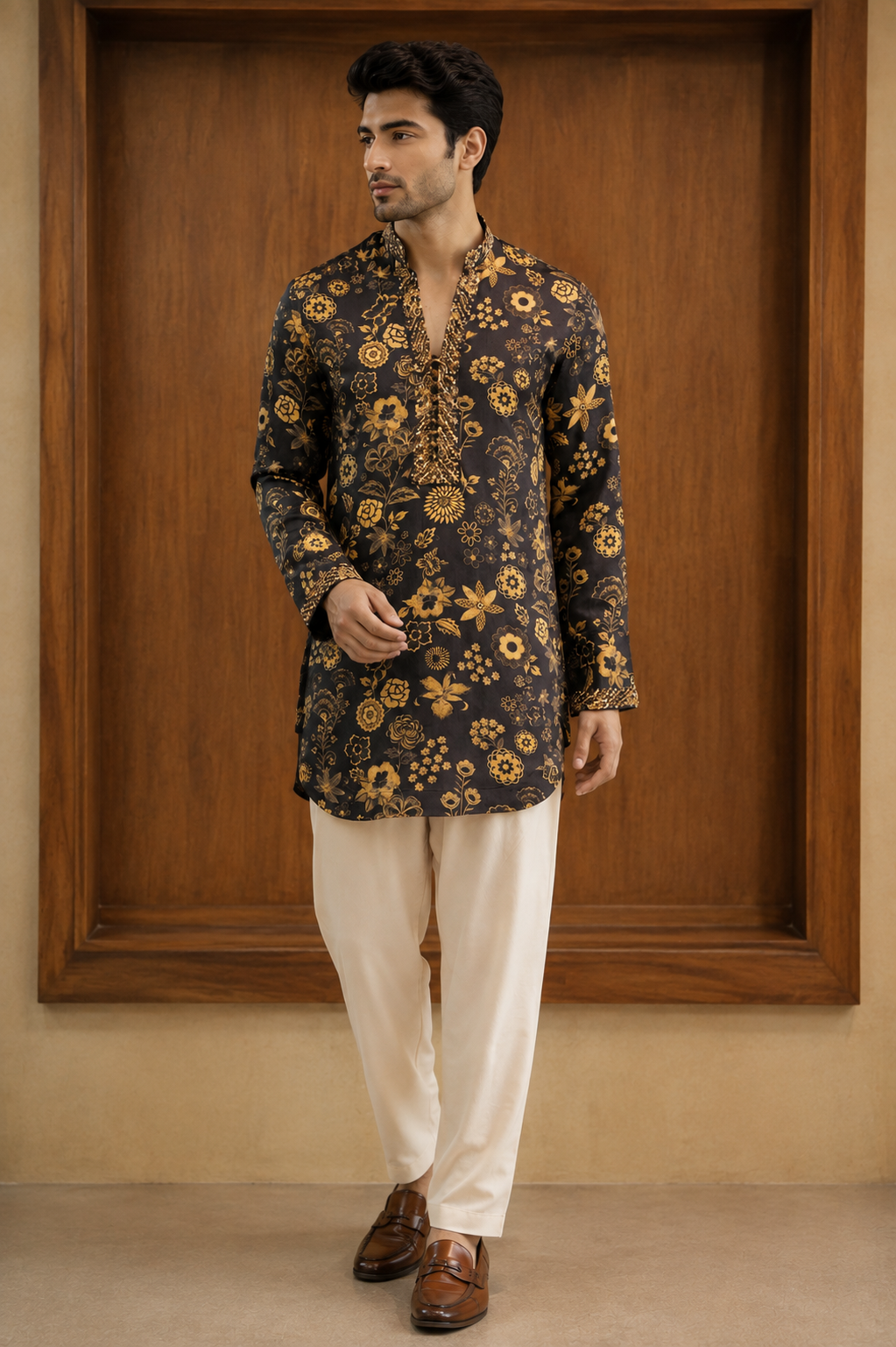 Black & Gold Floral Linen Satin Kurta