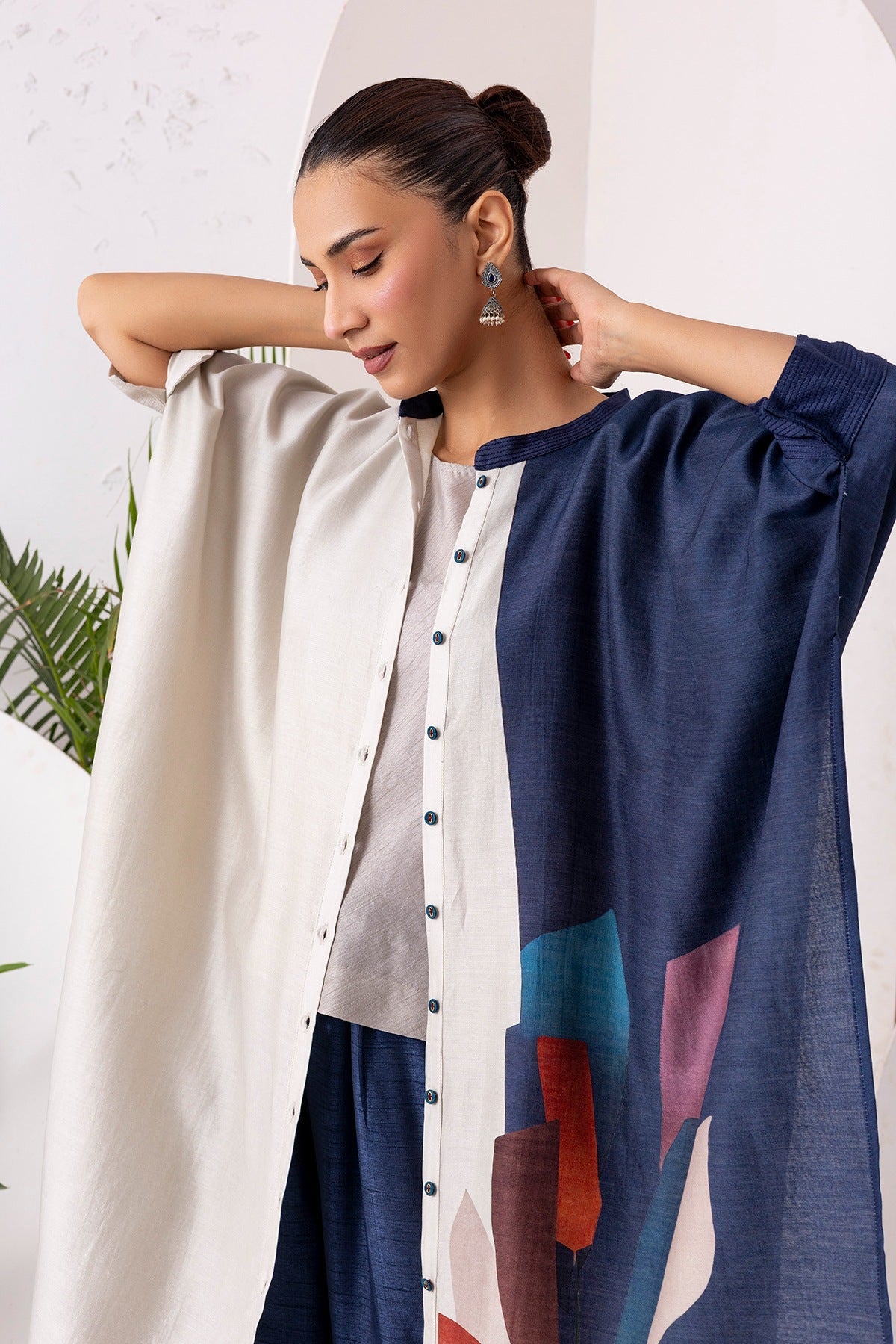 Blue & Ivory Silk Chanderi Printed Kaftan Style Dress Set (3 PCS)