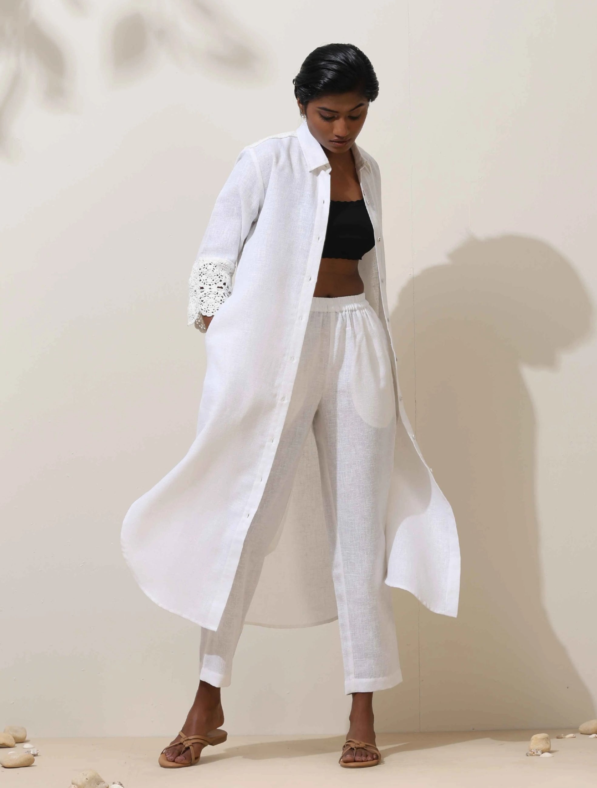 trueBrowns Lu White Crochet tural Cotton Kurta Pant Set