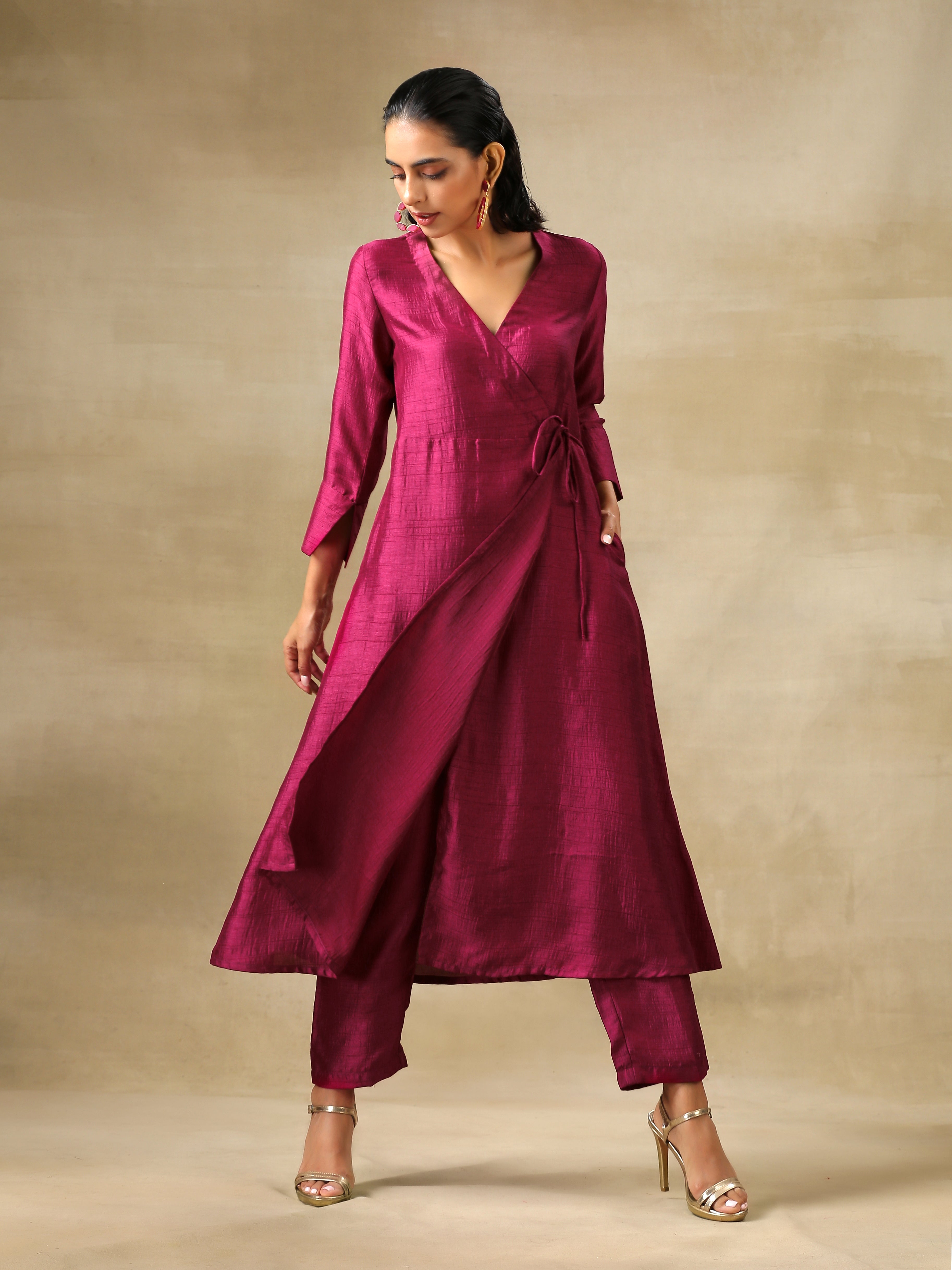 Purple Textured Silk Angrakha Kurta Pant Set