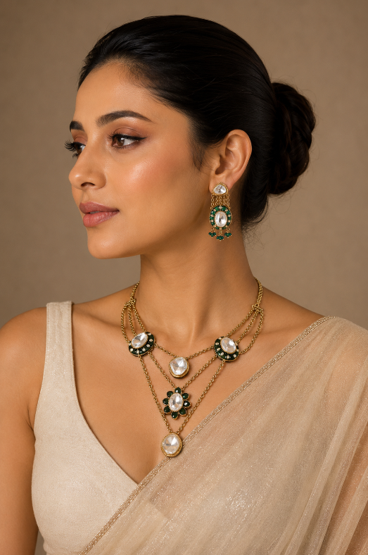Emerald Kundan Layered Necklace Set with Drop Earring