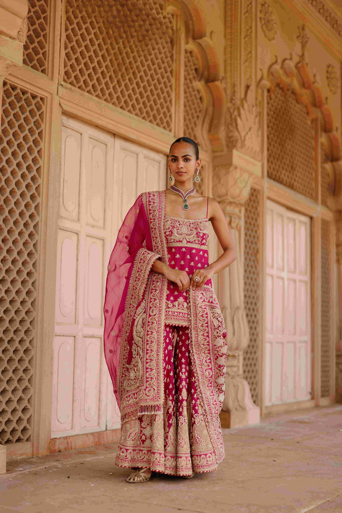 Hot Pink Kurta Gharara Set with Embroidered Organza Dupatta