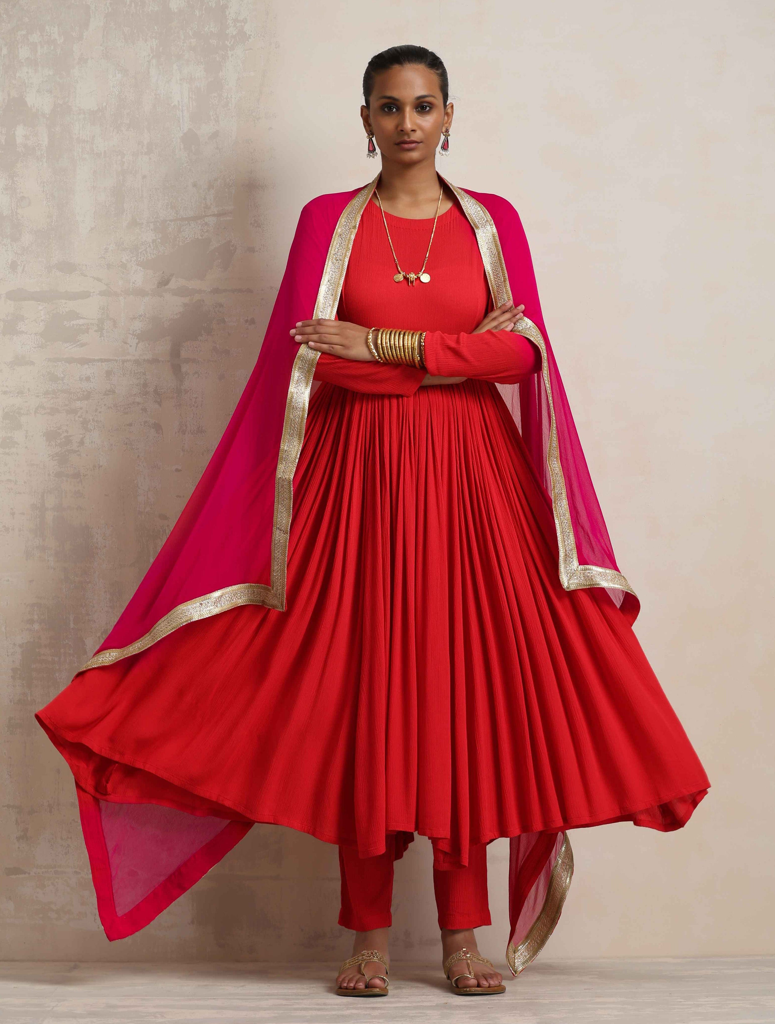trueBrowns Red Crinkle Arkali Kurta Pant Dupatta Set