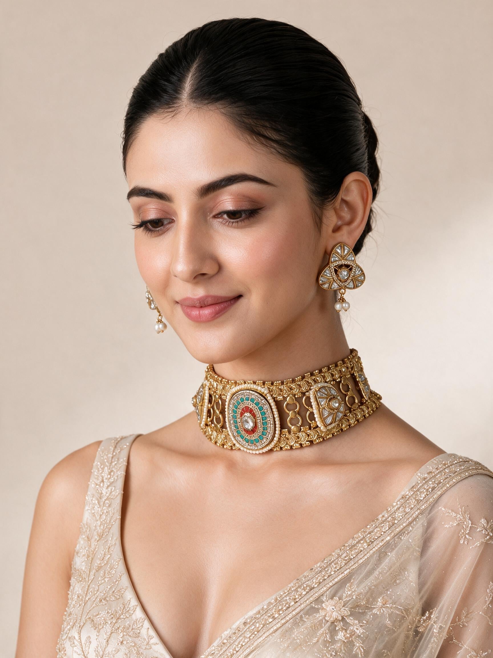 Multicoloured  Handcrafted Jadau Kundan Choker Set with Pearl Accents