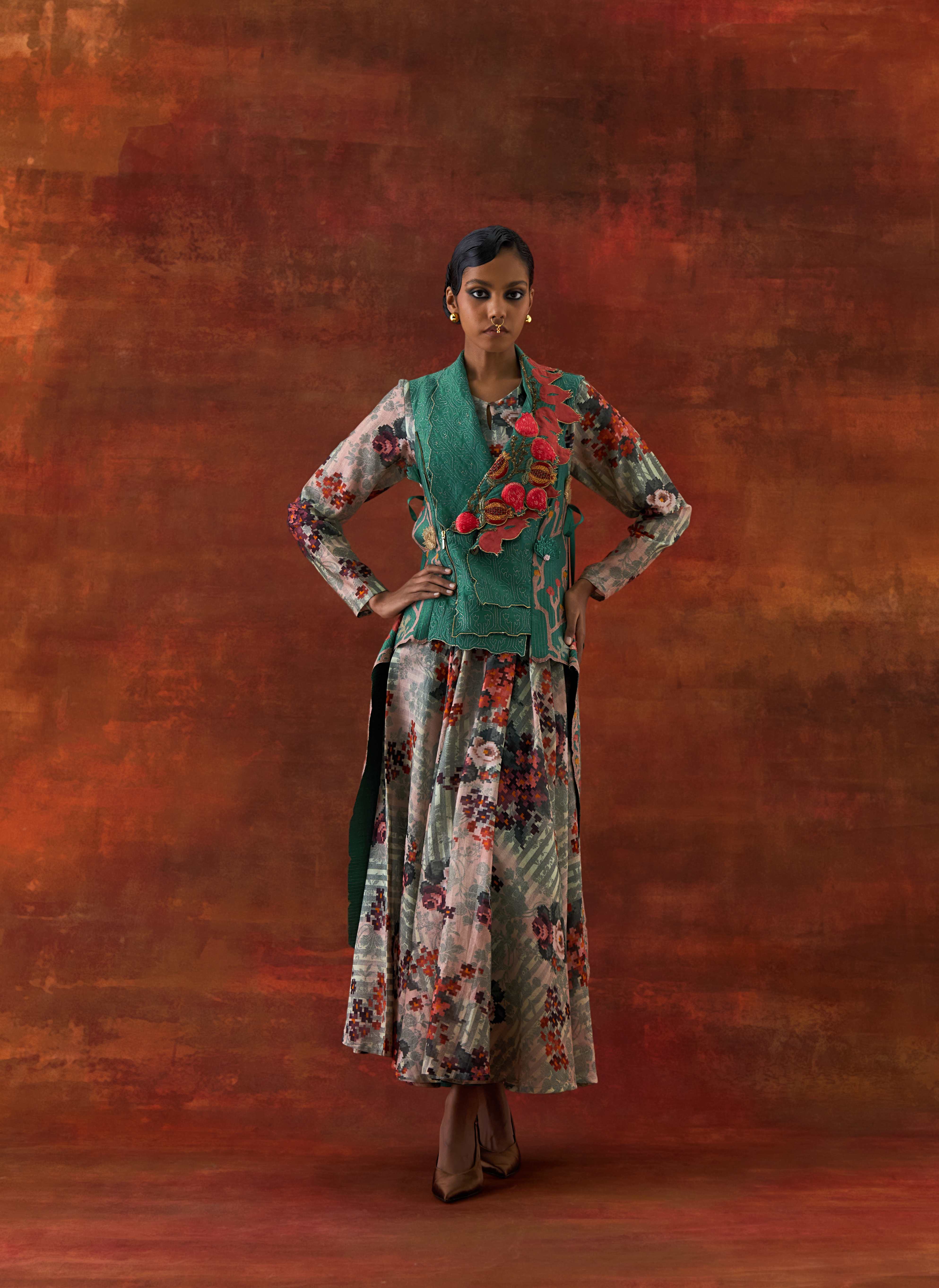 POMOGRANATE DOUBLE LAPEL JACKET WITH PRINTED ANARKALI - image 1