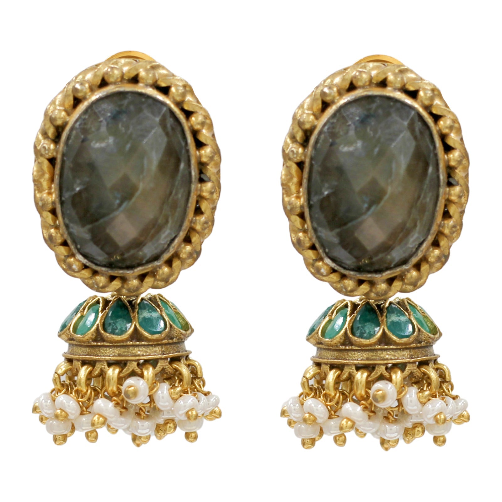 Sangeeta Boochra Gold Plated Labradorite Stone & Pearl Jhumka Earrings
