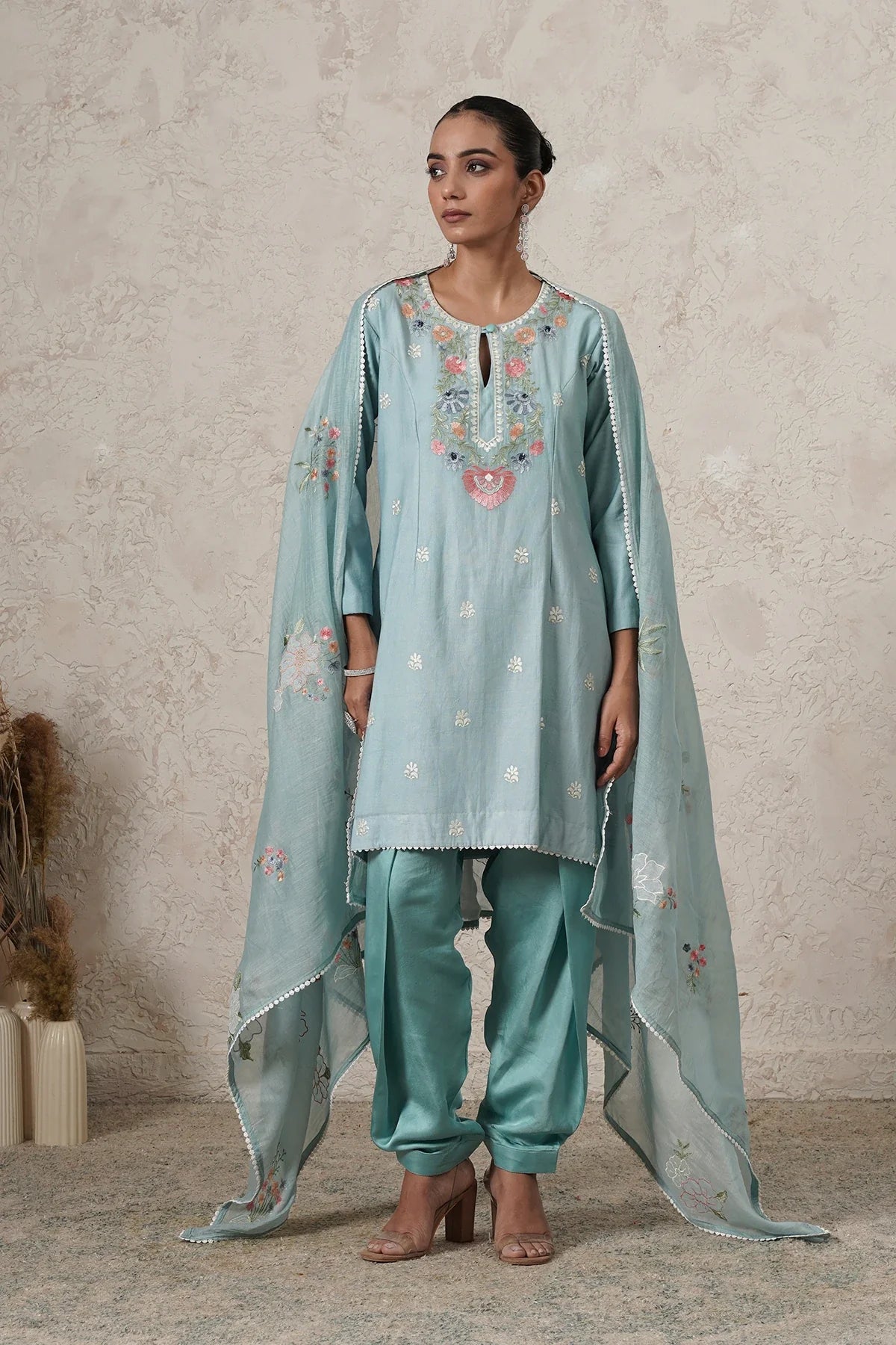 Aasmani Hand-Embroidered Kurta Set with farshi Salwar & Dupatta | Sky Blue |  THETAA