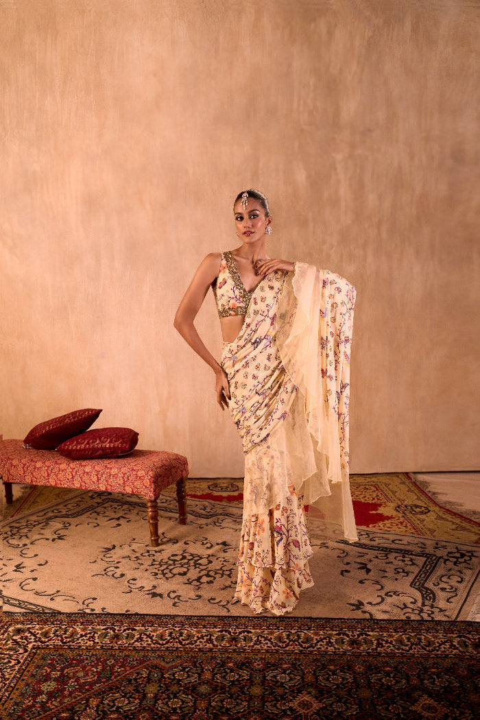 IVORY PRINT EMBROIDERED CHOLI WITH PRE DRAPED RUFFLE SARI SET - image 1