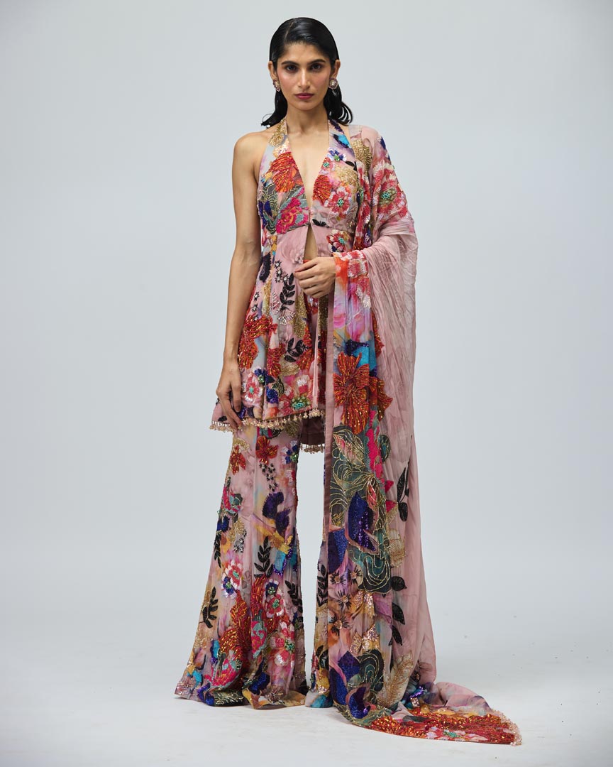 Pink Viscose GGT Halter Neck Sharara Set for Festive Wear
