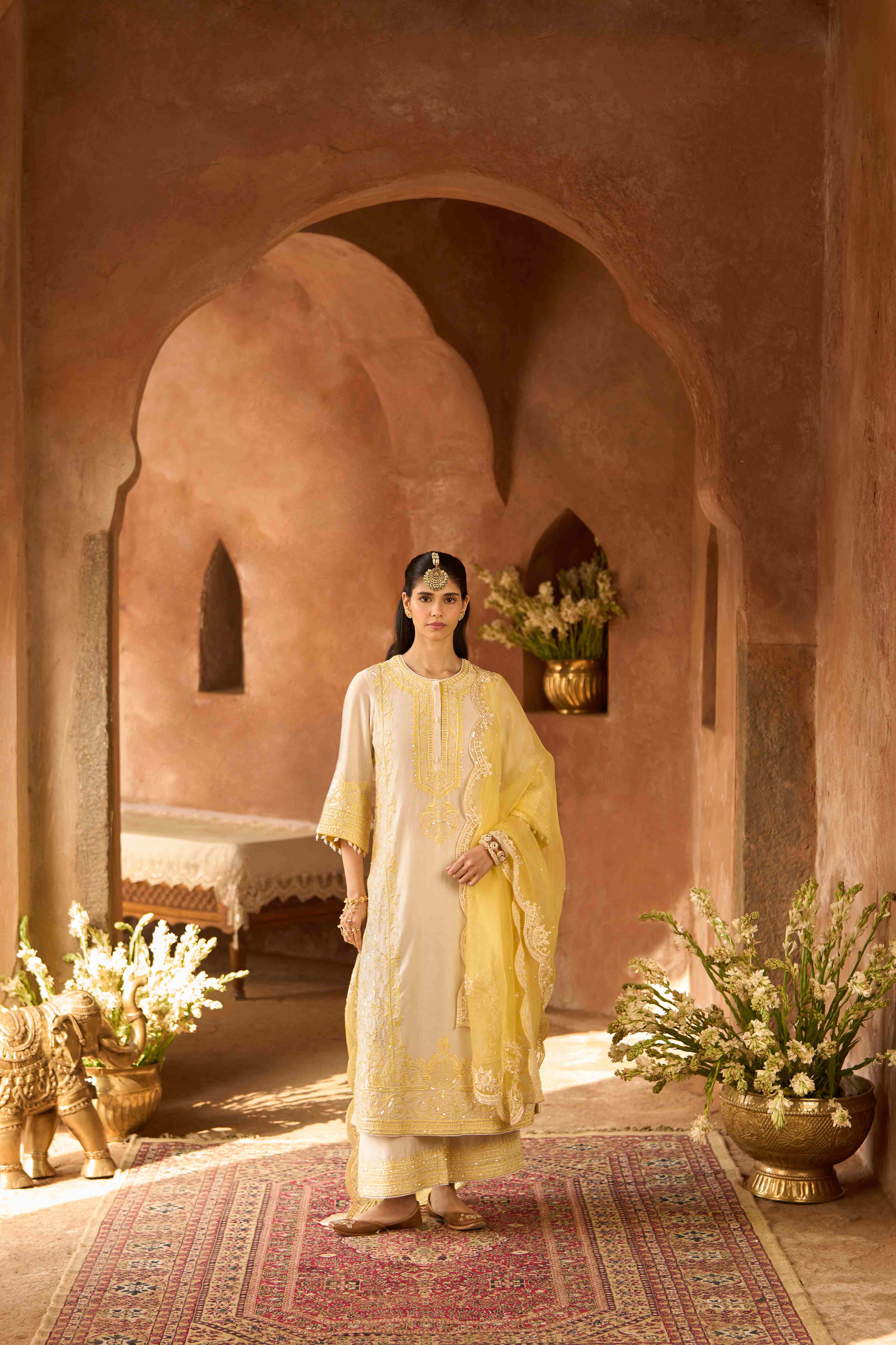 ENA - DAISY IVORY WITH LEMON YELLOW LONG A-LINE KURTA WITH PALAZZO AND DUPATTA