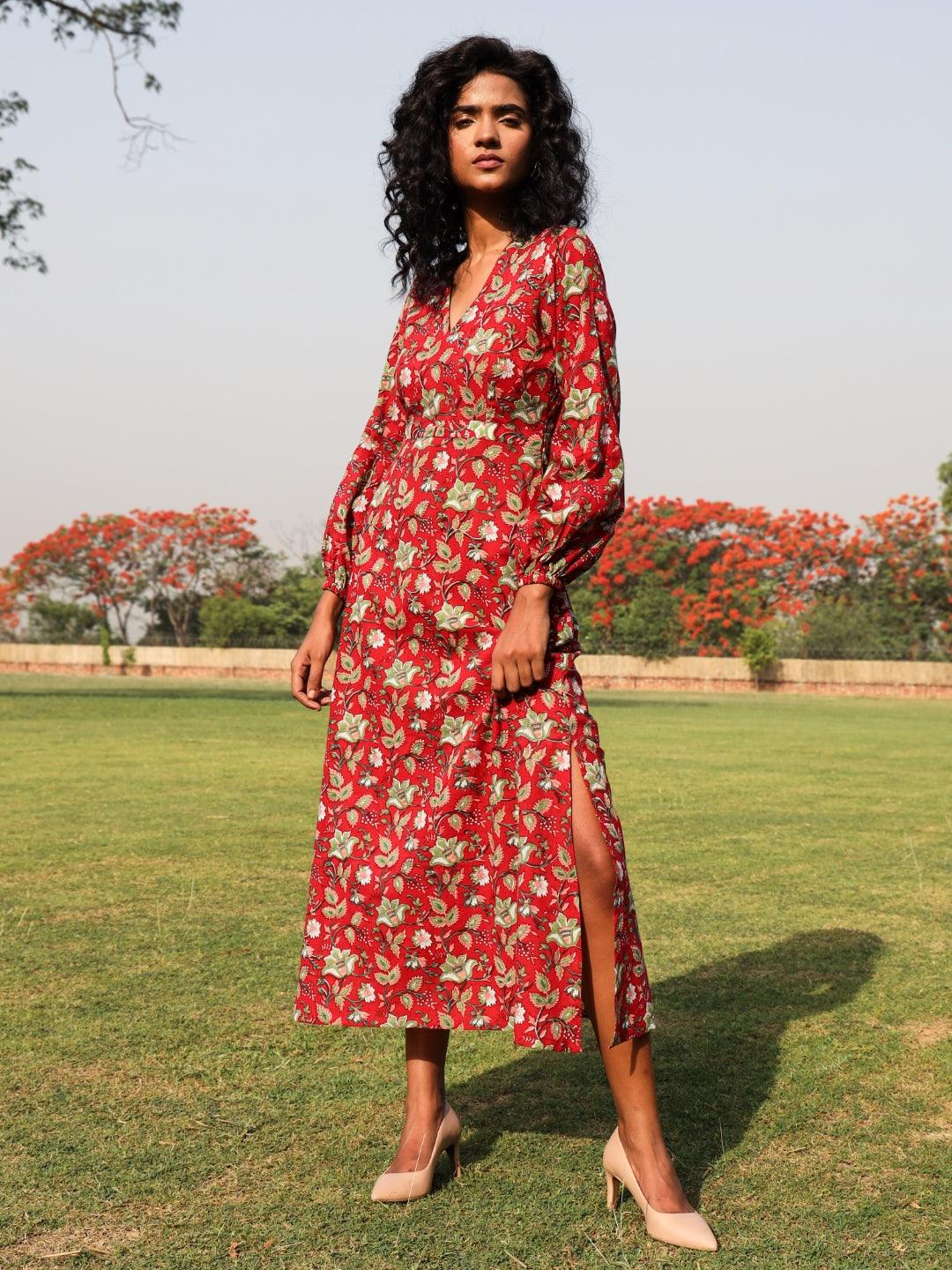 Red Cotton Block Print Backless Dress - trueBrowns