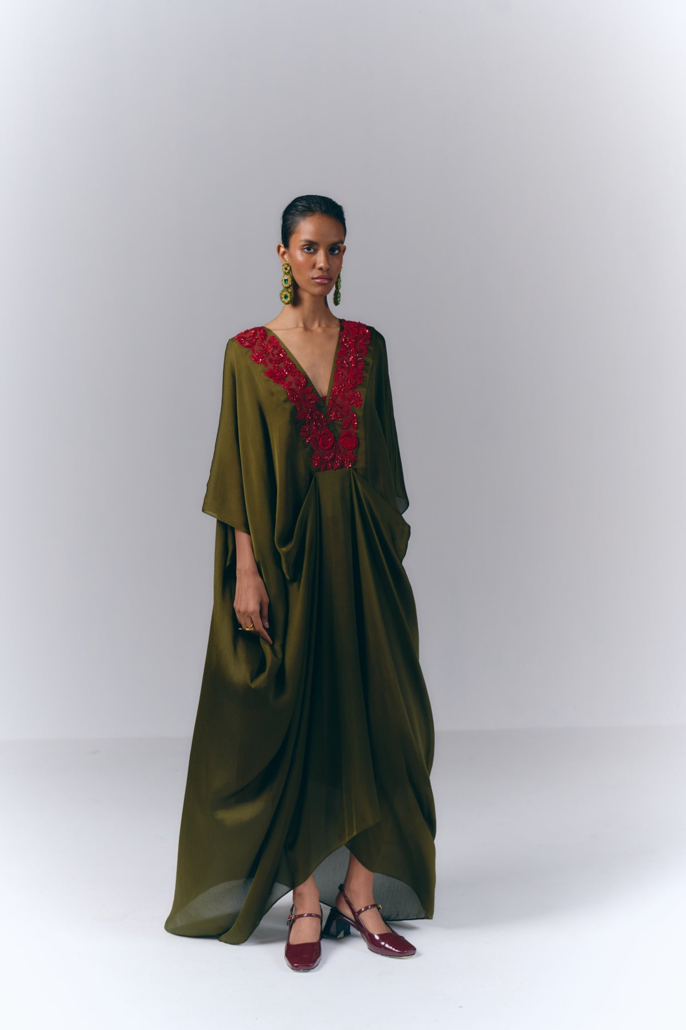 Green Embroidered Draped Kaftan