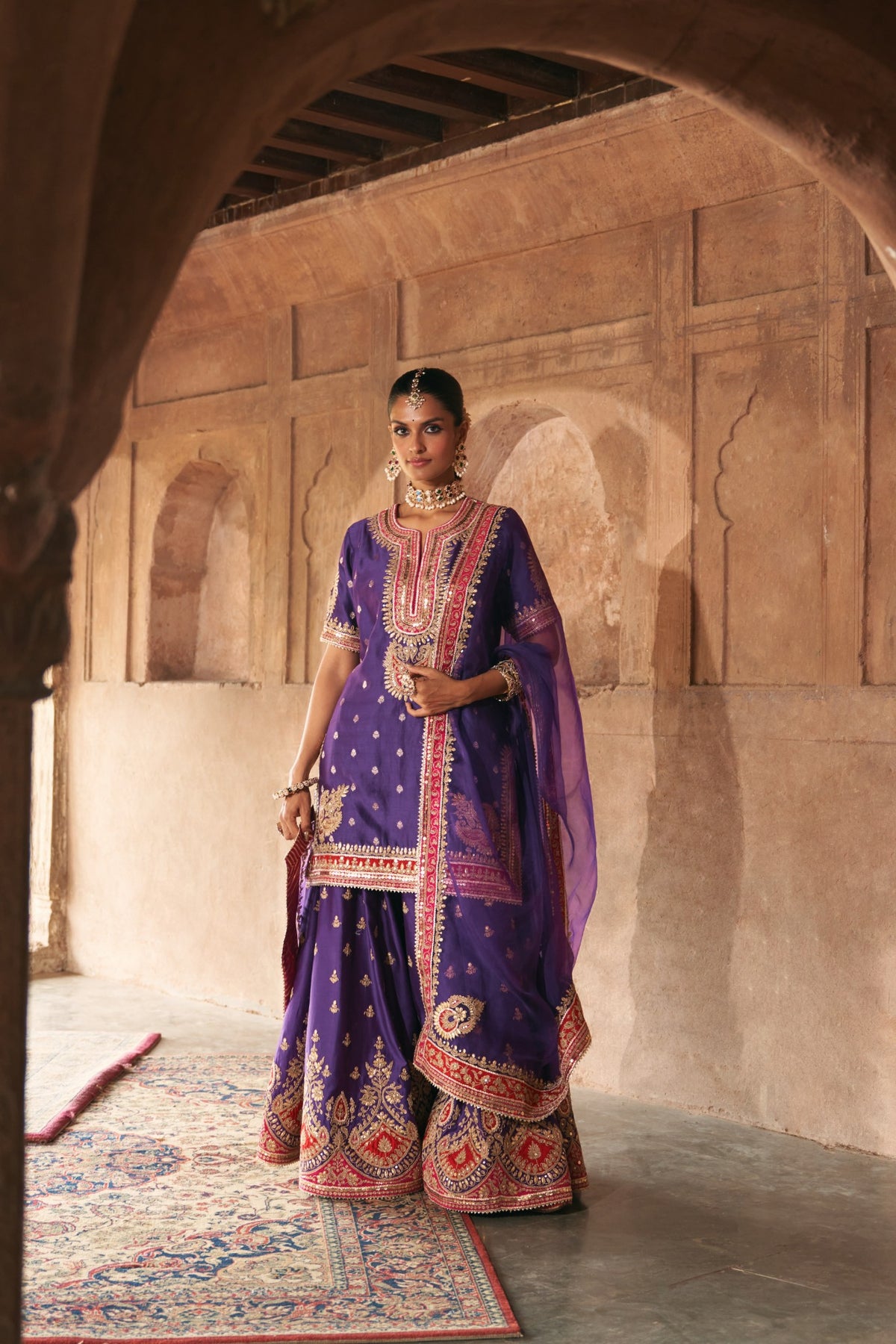 Deep Purple Banarasi Short Kurta Sharara Set with Dupatta