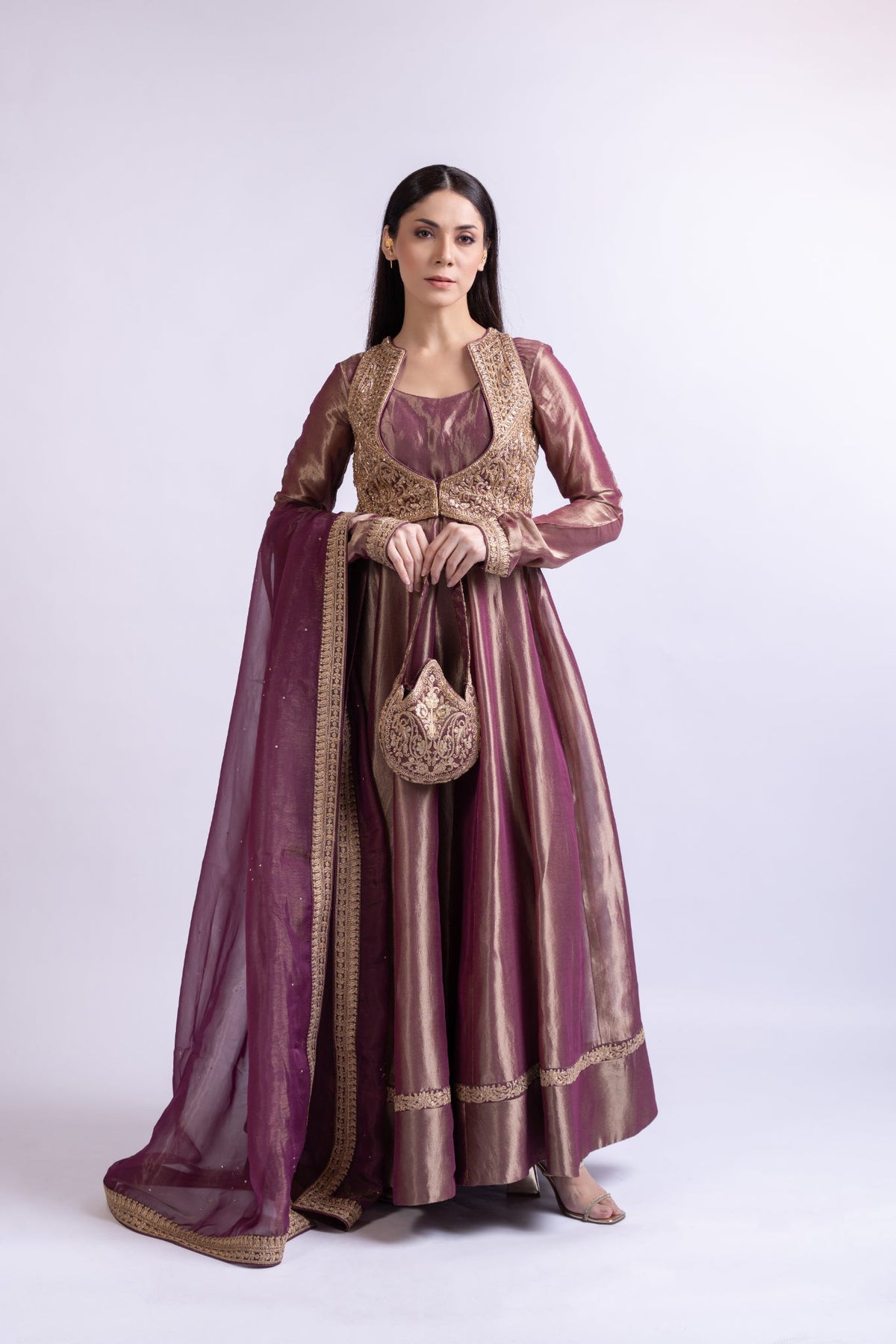 Royal Purple Tissue Silk Anarkali with Embroidered Jacket, Dupatta & Potli