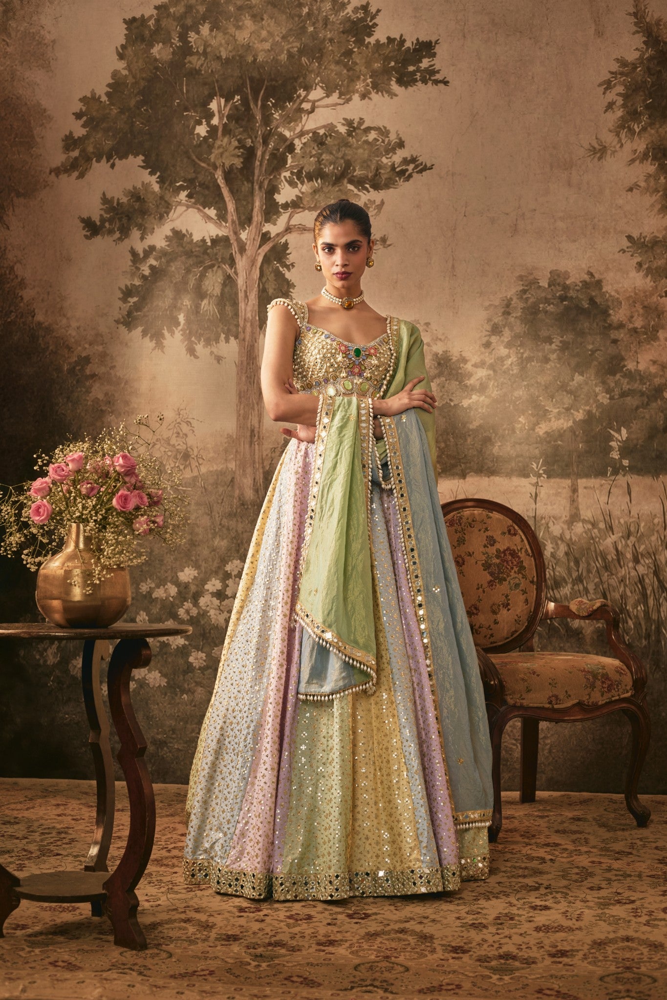 Multi colored sequins and mirror embroidered lehenga set