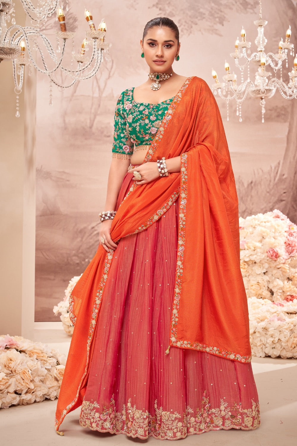 Tricolour crush tissue lehenga choli with machine work