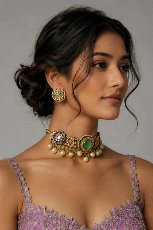 Royal Navratna Jaipuri Kundan Floral Choker Set with Pearl Drops