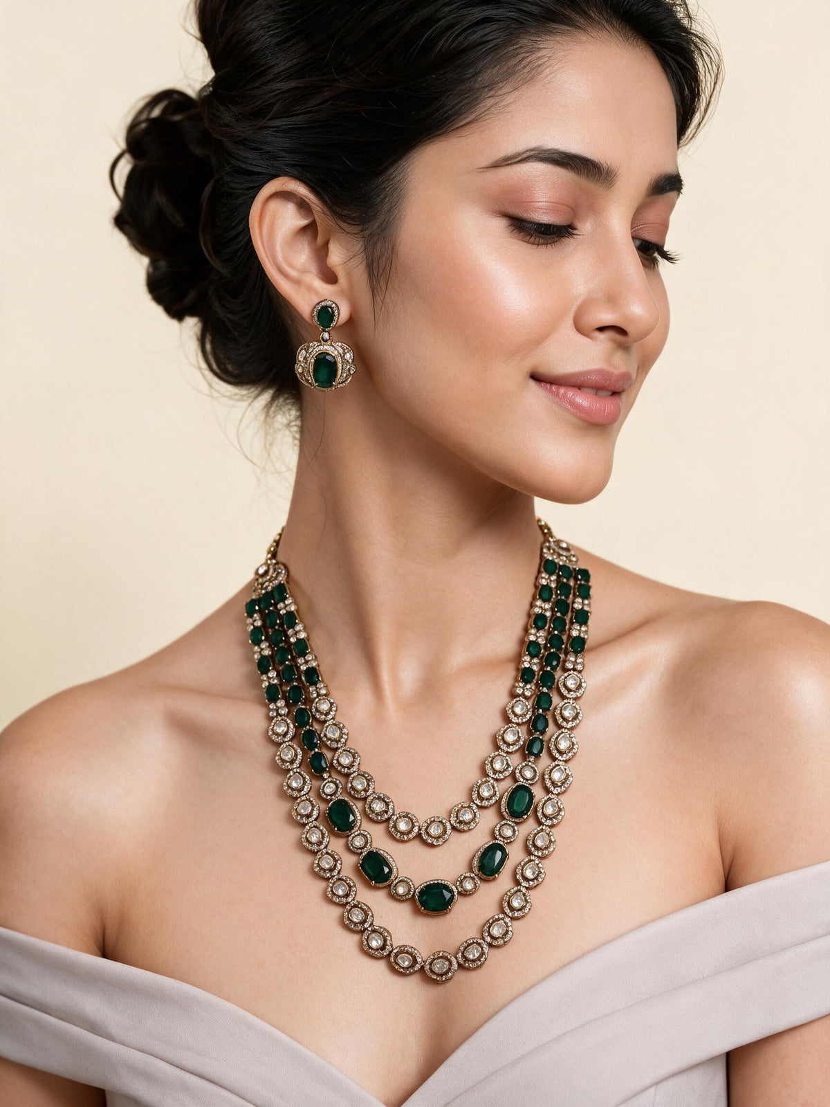 Emerald Green Moissanite Three-Layered Necklace Set
