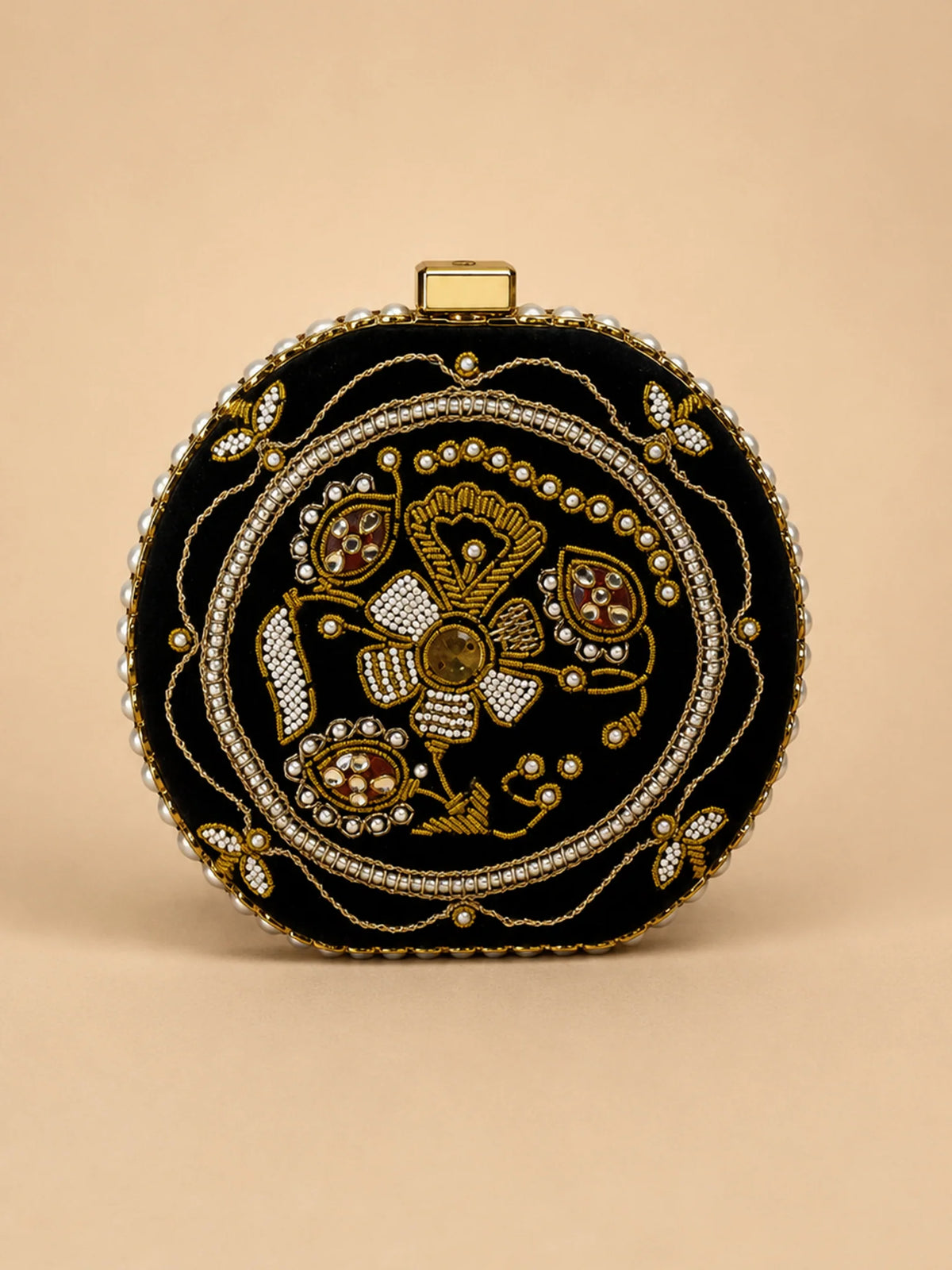 Black Zardozi Embroidered Round Clutch Bag with Gold & Pearl Detail
