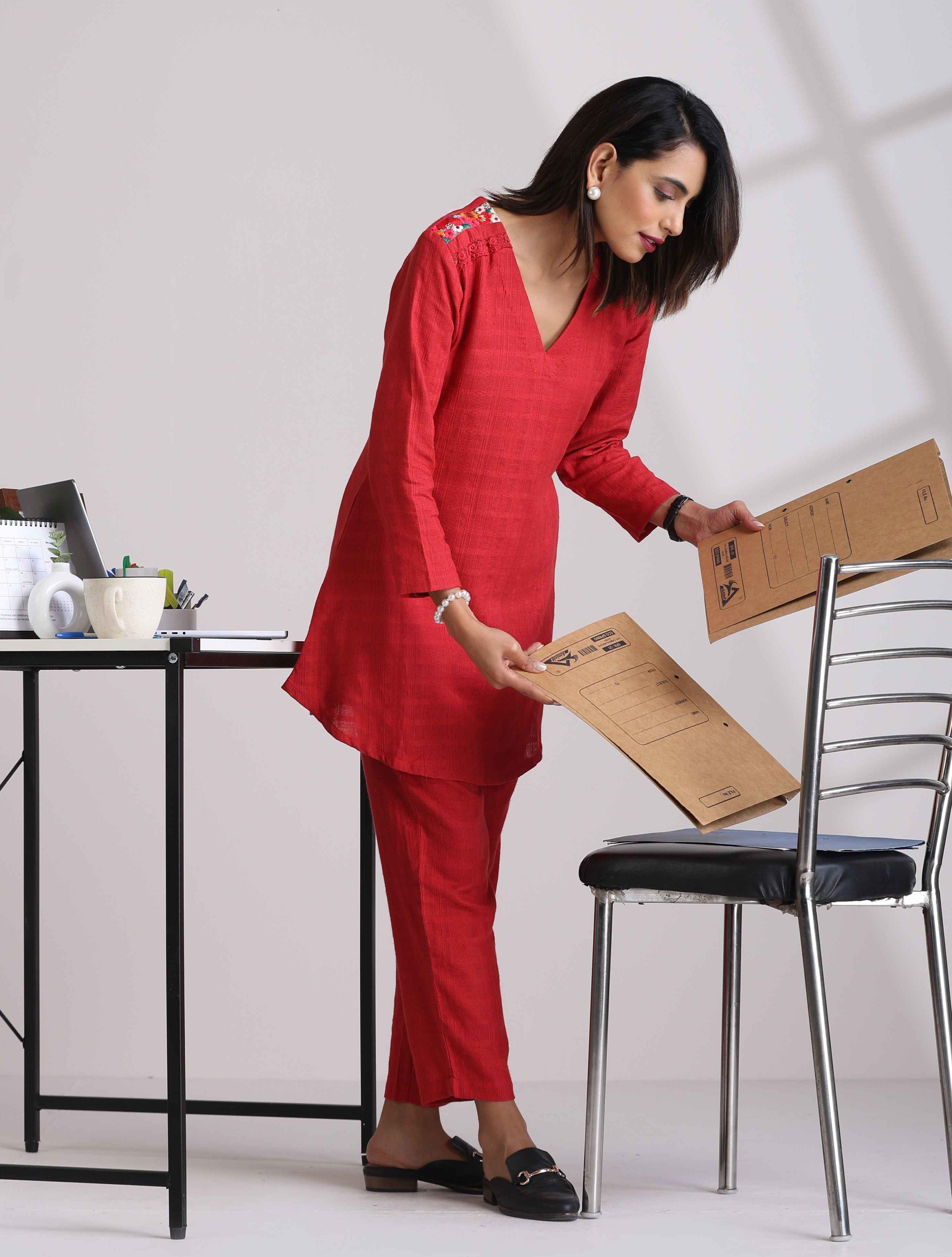 trueBrowns Red Cotton Dobby Co-ord set