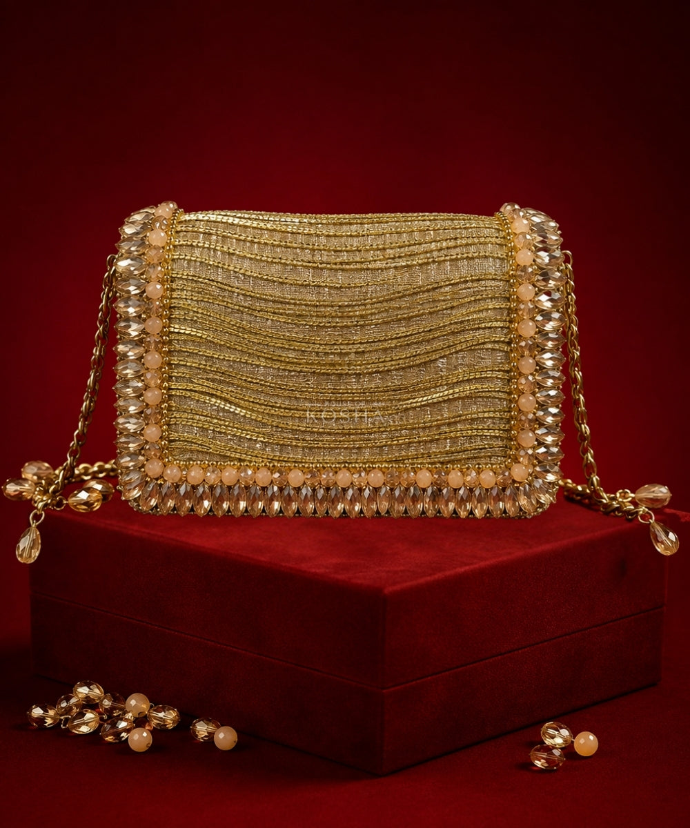 Elif Gold Georgette Embellished Clutch