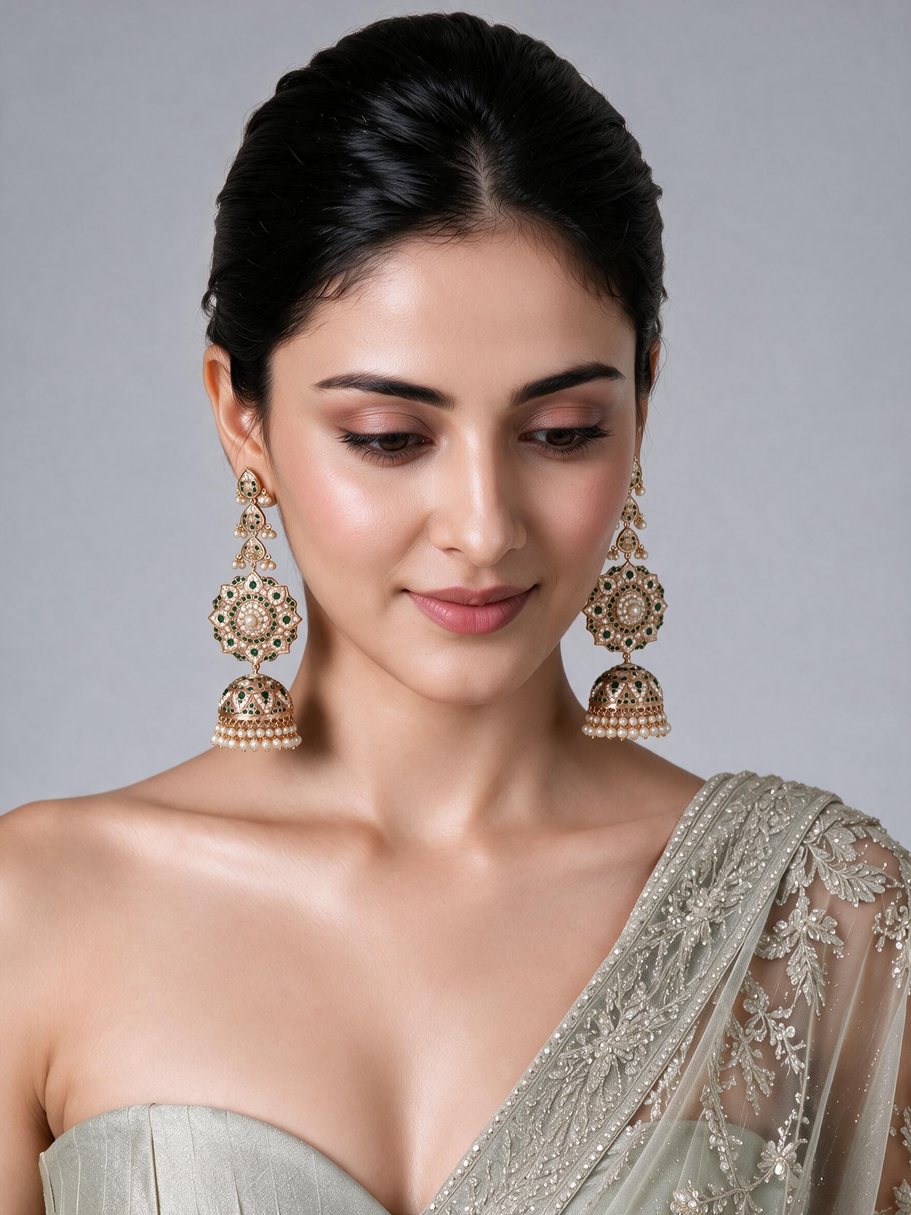 Emerald Green Stone Jadau Pearl Jhumka Earrings